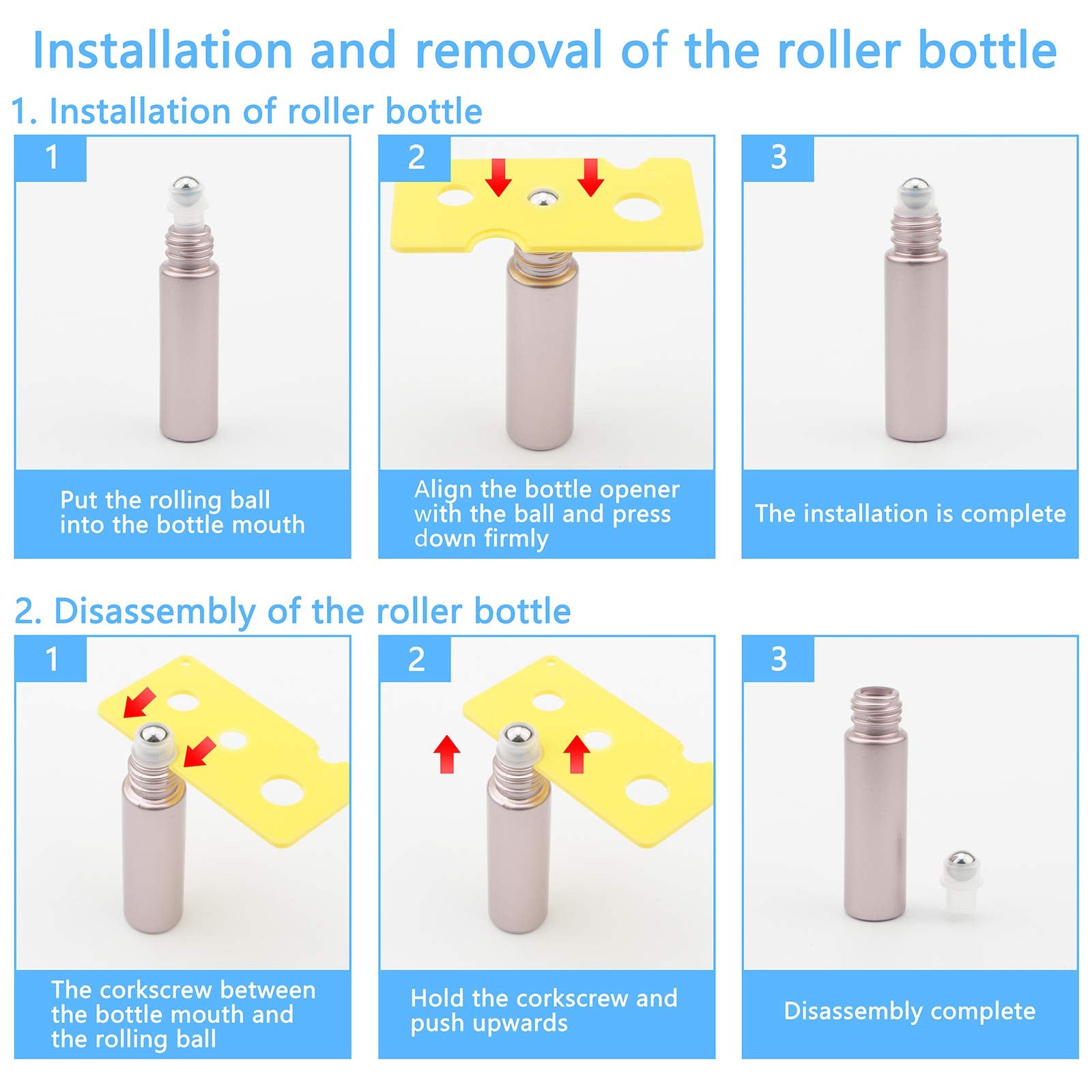 Newzoll 8 Pcs Roll-On Bottles Set, 10 Ml (1/3 Oz) Refillable Roller Bottles With Funnels & Opener, Glass Roll On Bottles Contain