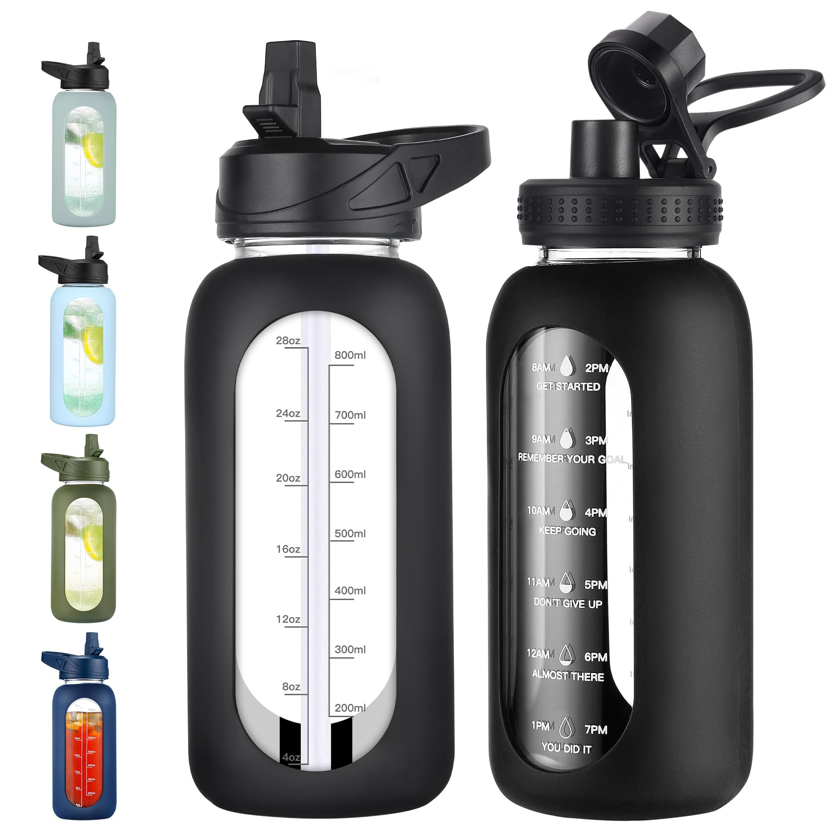 EALGRO 32 oz Glass Water Bottle with Straw and Handle, Sports Motivational Water Flask with Silicone Sleeve, Large Leakproof Wat