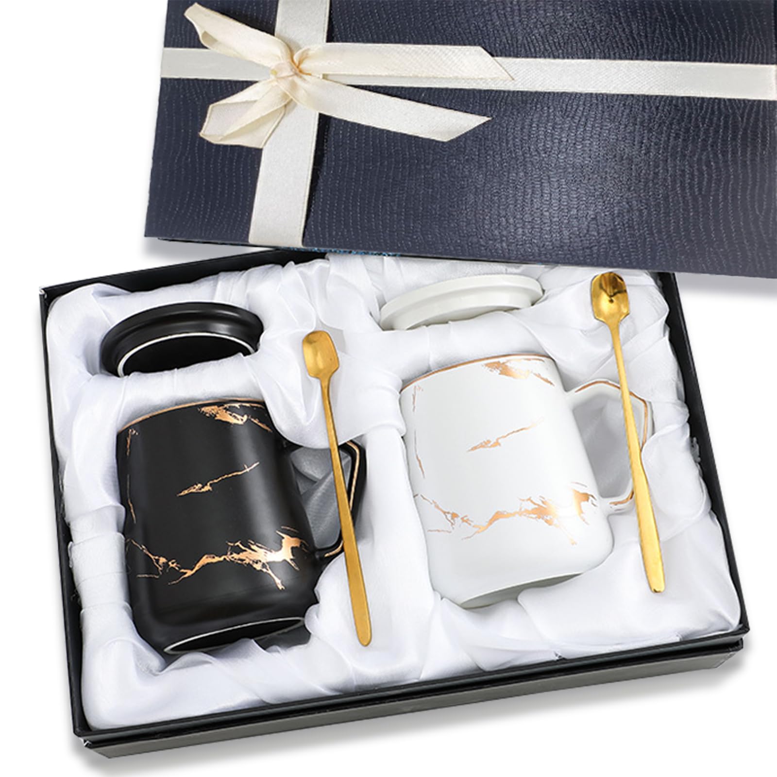 Seuqhck 2 Pack 13.5 oz Black and White Ceramic Mugs, Coffee Mugs with Lid, Handle and Spoon, Marbling Couple Cups with Gift Box 