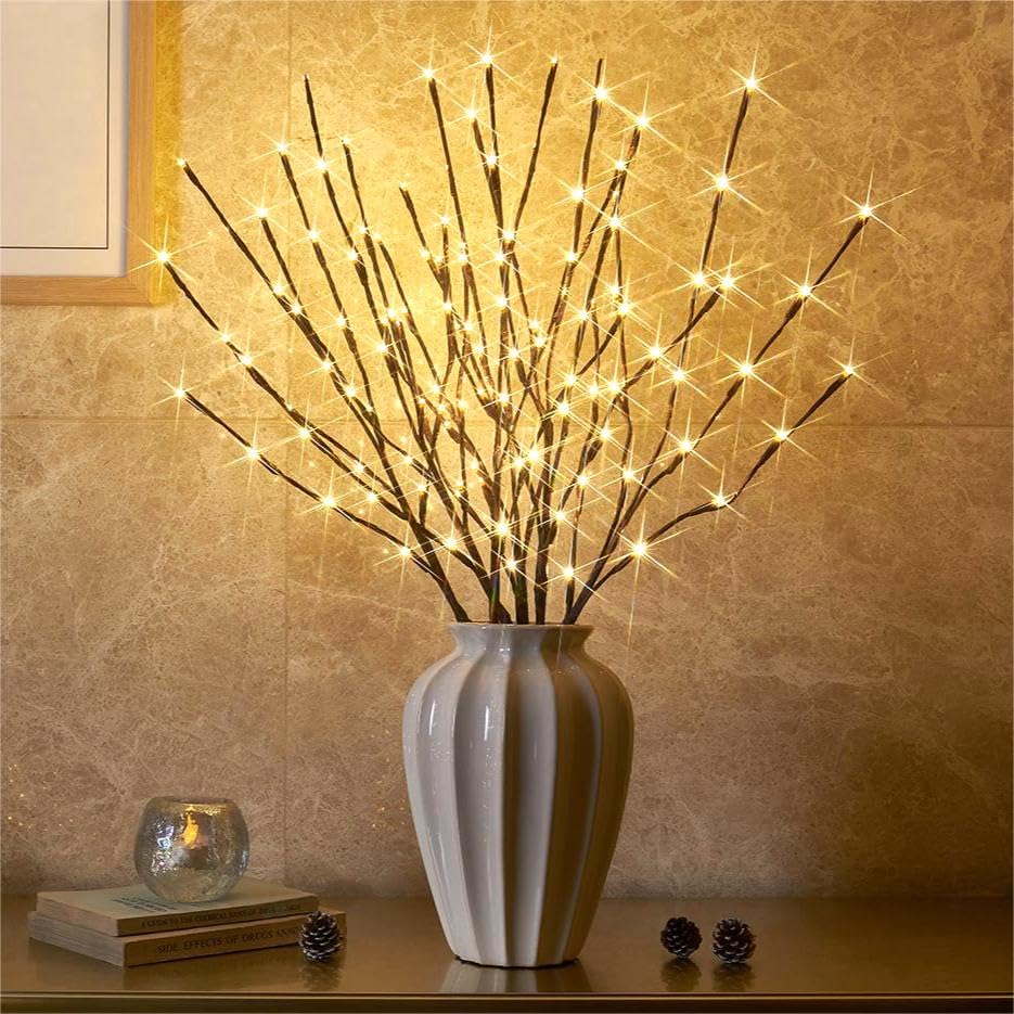 EAMBRITE 6PK Lighted Branches Brown Twig Stake with 120LED Warm White Lights, 30 Pathway Light for Outdoor and Indoor Use(Vase E