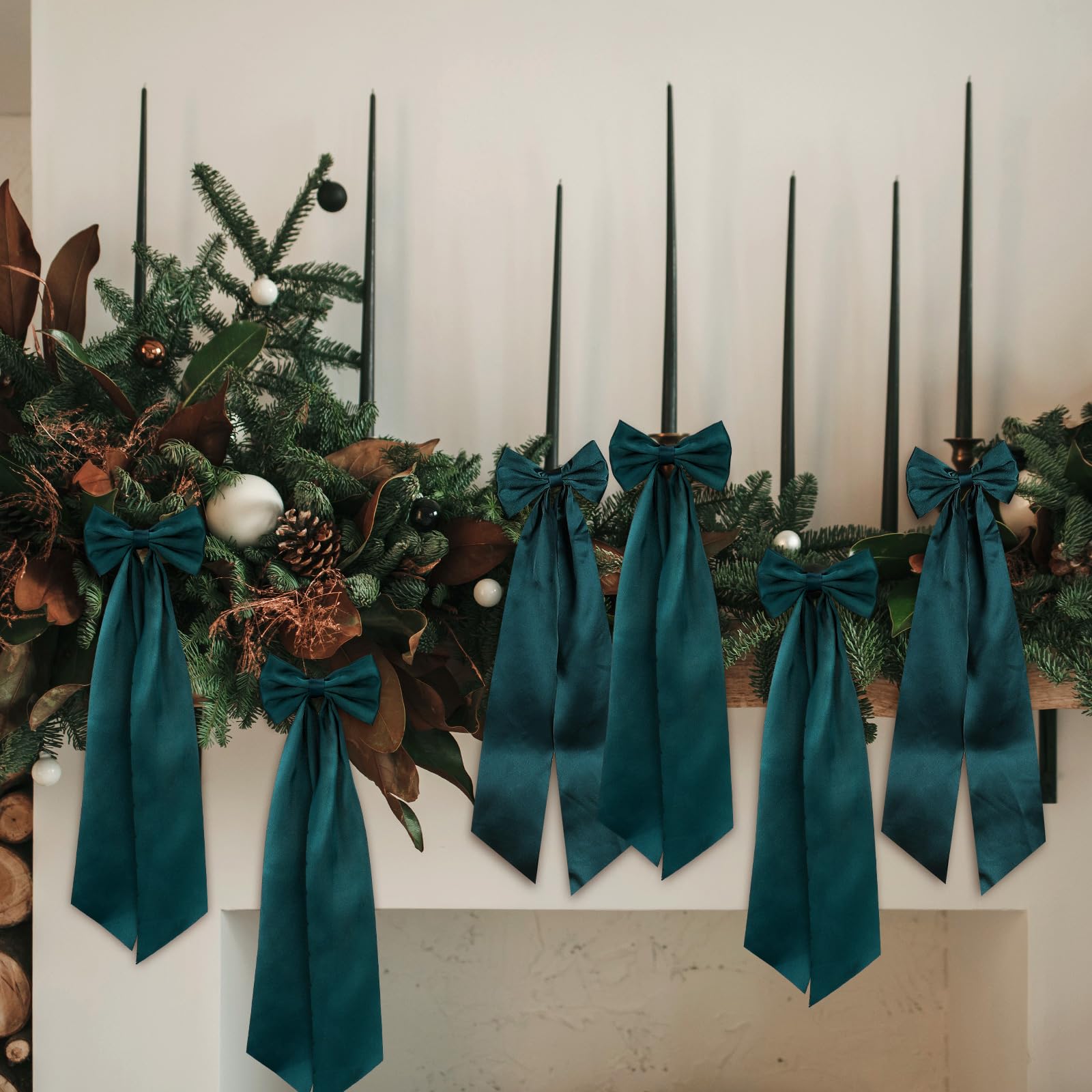 Teenyyou 12 Pcs Green Christmas Candlestick Bows Decor 13 Inch Large Coquette Decorations Bows for Table Self Adhesive Candle Ho