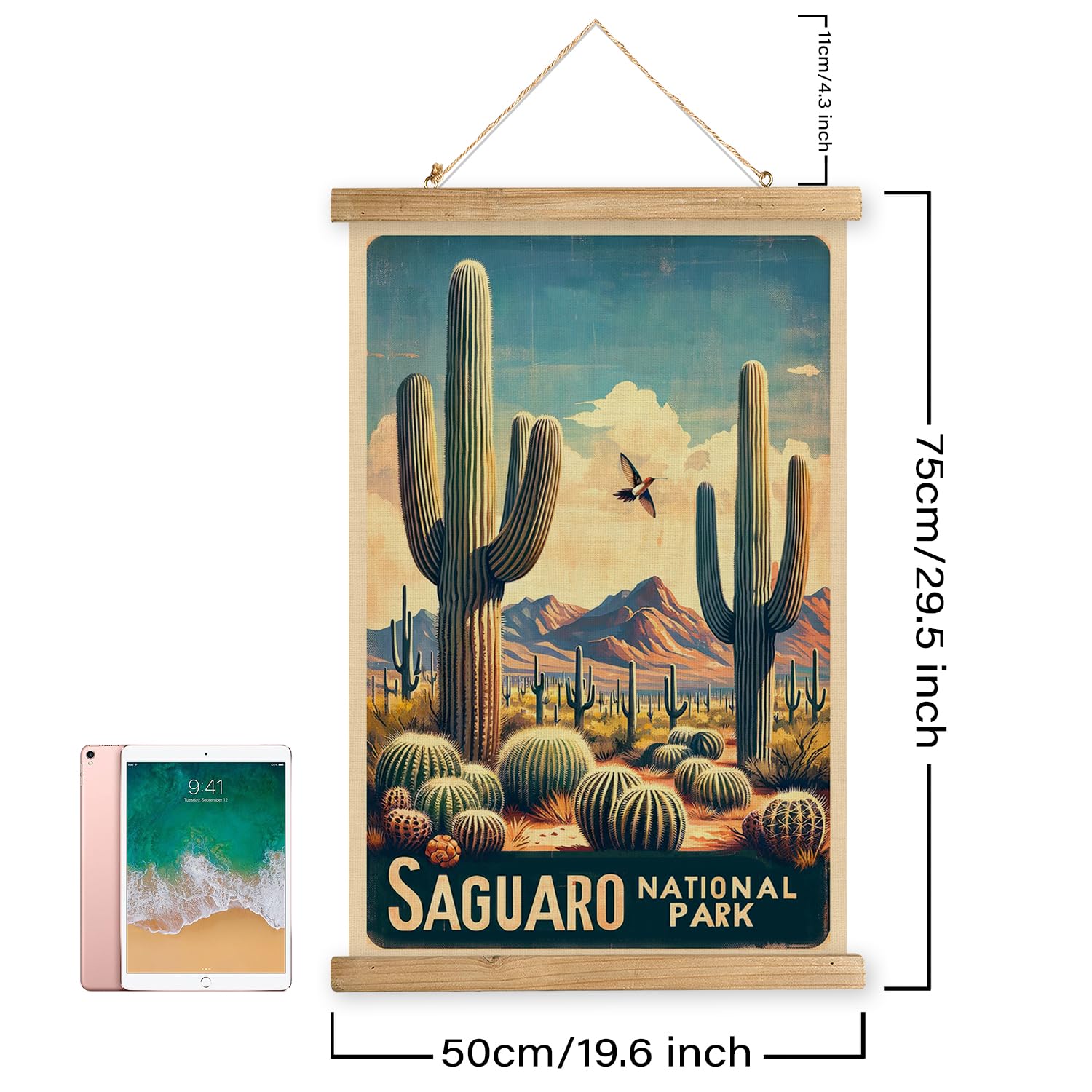 Xiaoaika Vintage Saguaro National Park Travel Poster With Wooden Scroll Frame - Living Room, Bedroom, Home, Office Retro Art Pri