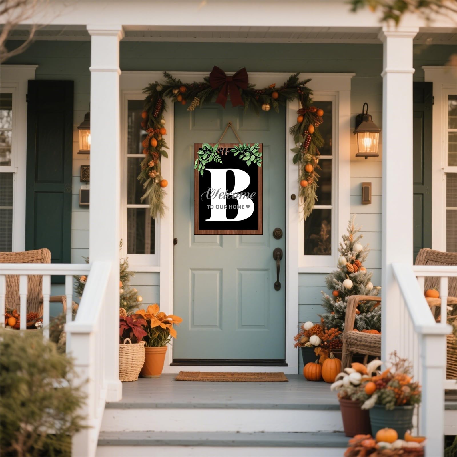 16'' x12'' Ultra Large Last Name All Year Front Door Wreath, Letter M Wooden Welcome Sign for Porch Farmhouse Spring Summer Fall