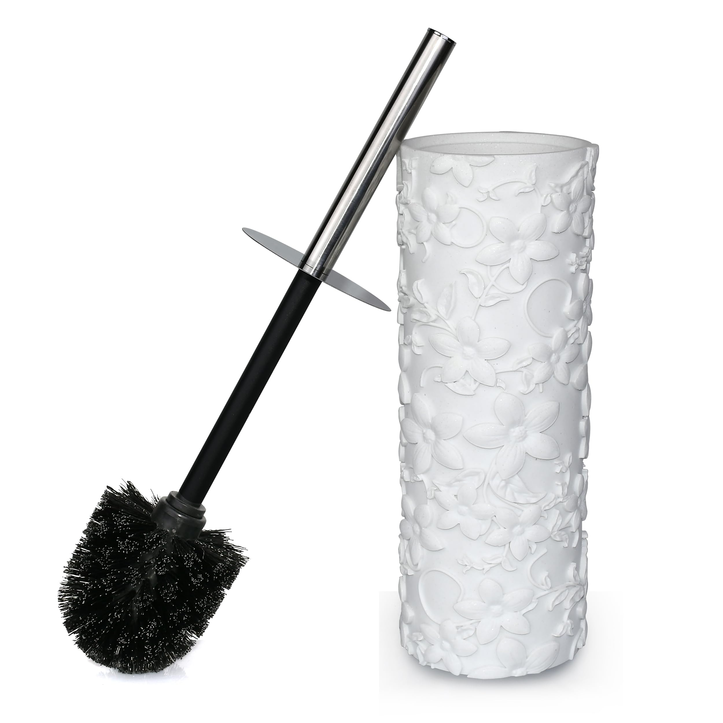 Indecor Home White Floral Design Resin Toilet Bowl Holder and Brush Set, Stylish Bathroom Cleaning Tool with Durable Bristles, C