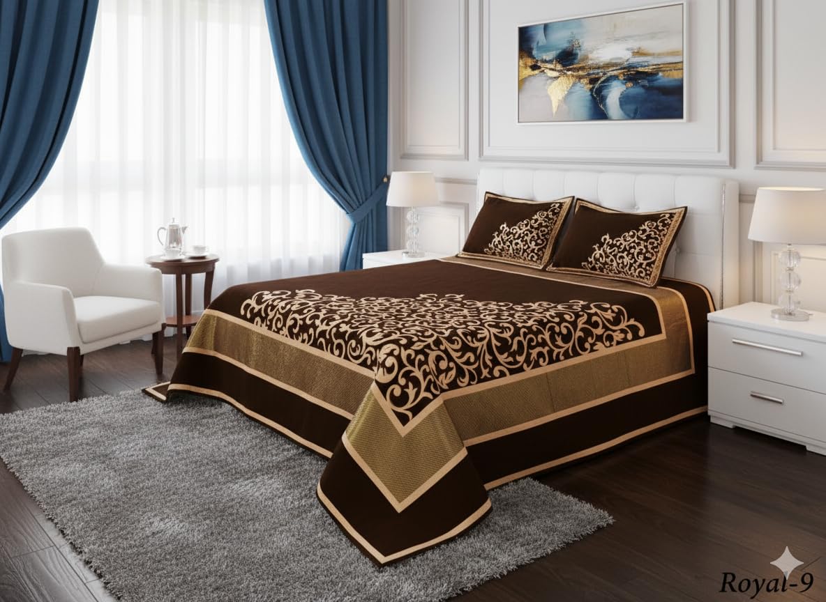 Fresh From Loom Abstract Bedsheet Cum Bed Spread For Double Bed King Size 500 Tc Chenille Velvet 2 Pillow Cover Size - 90X100, B