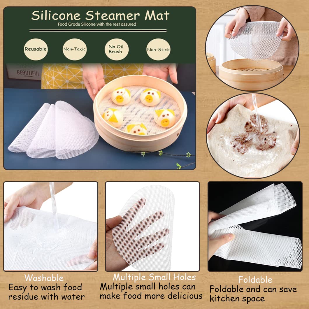 Rolin Roly 5Pcs Silicone Steamer Liners Round Mesh Baking Mats Non-Stick Steamed Reusable Food Grade Pastry Dim Sum Steamer Pape