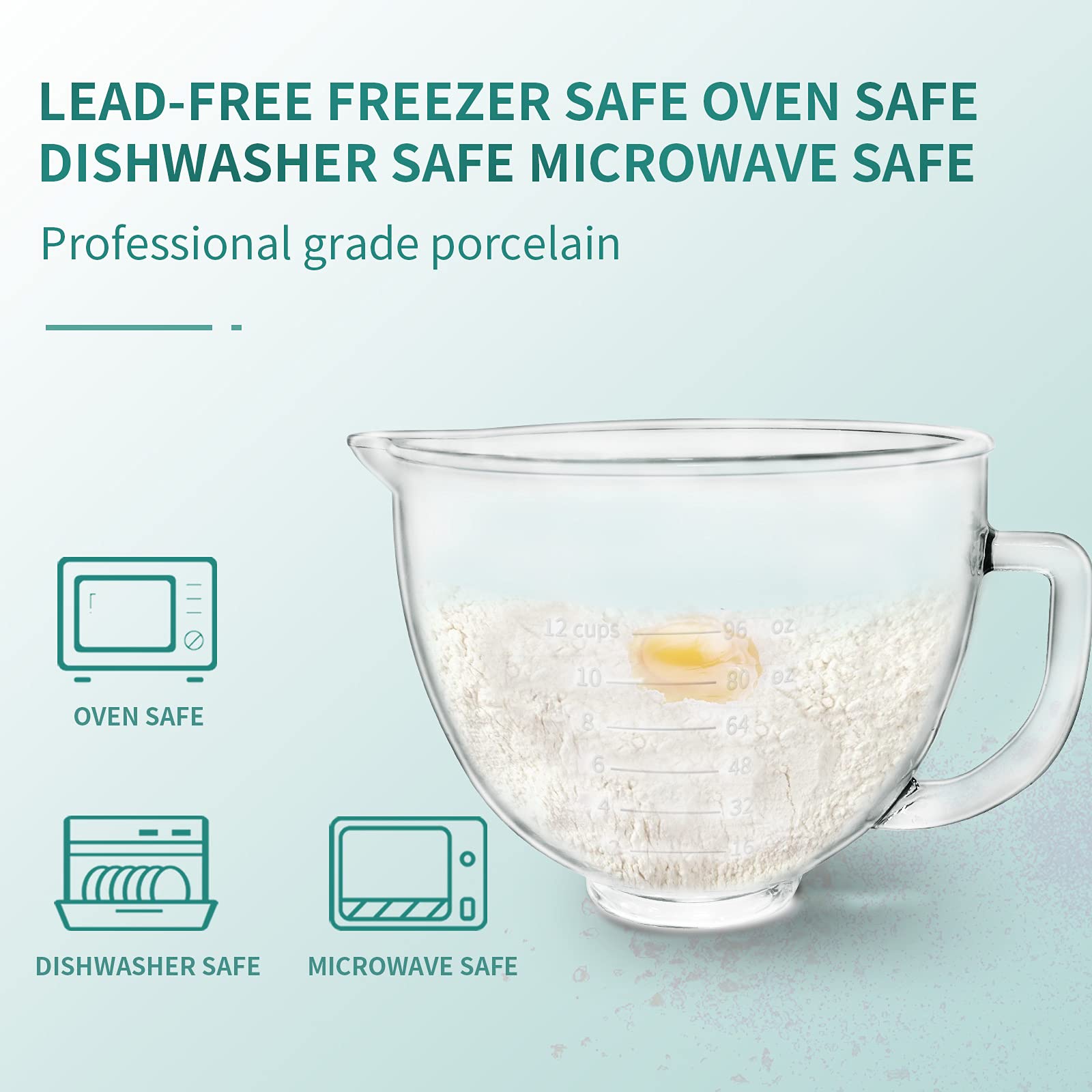 Kitwanda Glass Bowl 5 Quart - Microwave & Refrigerator Safe, with Measurement Markings, Clear Glass