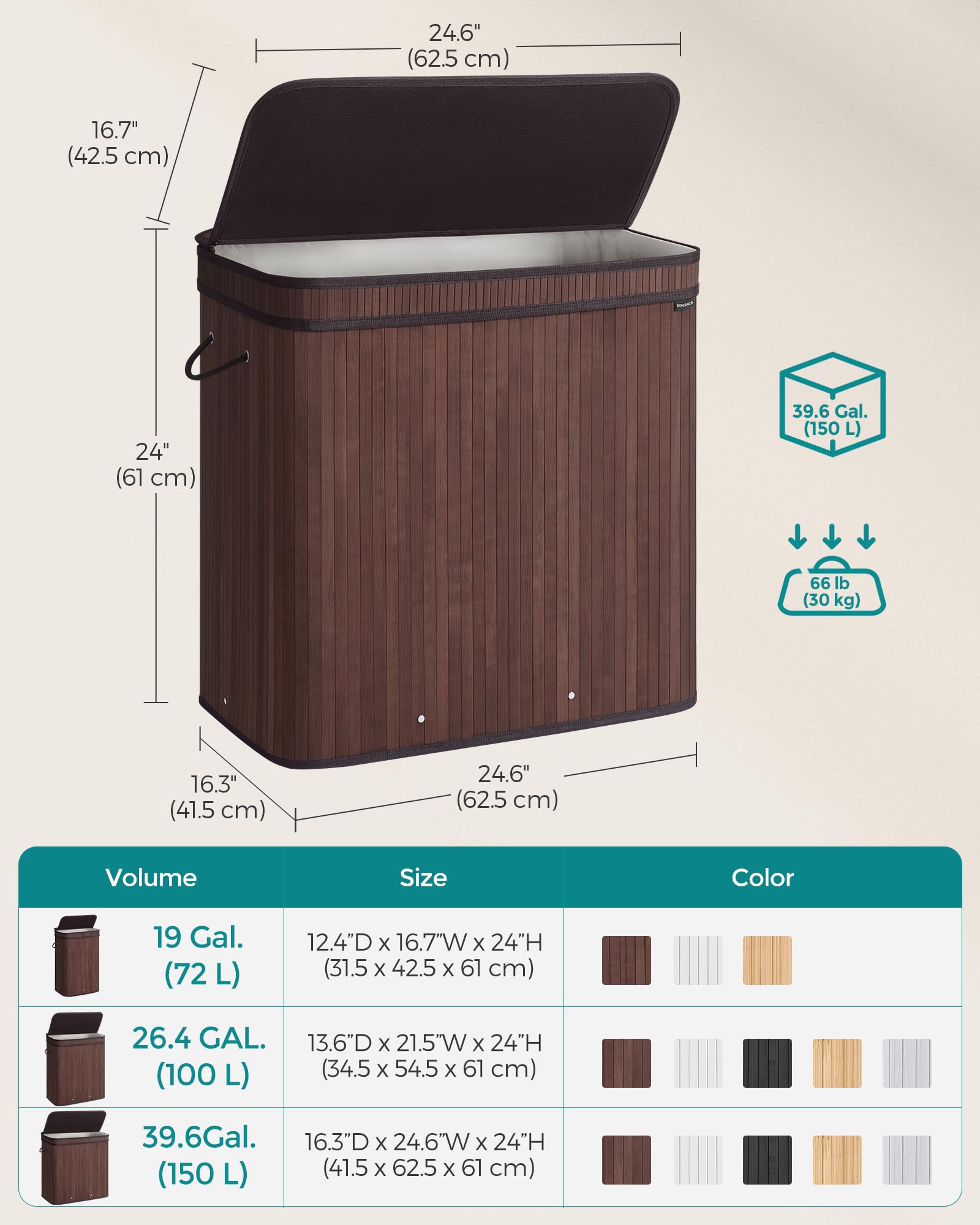 SONGMICS Bamboo Laundry Hamper with Lid, 39.6-Gallon, Removable & Washable, Chestnut Brown, Model ULCB062K01