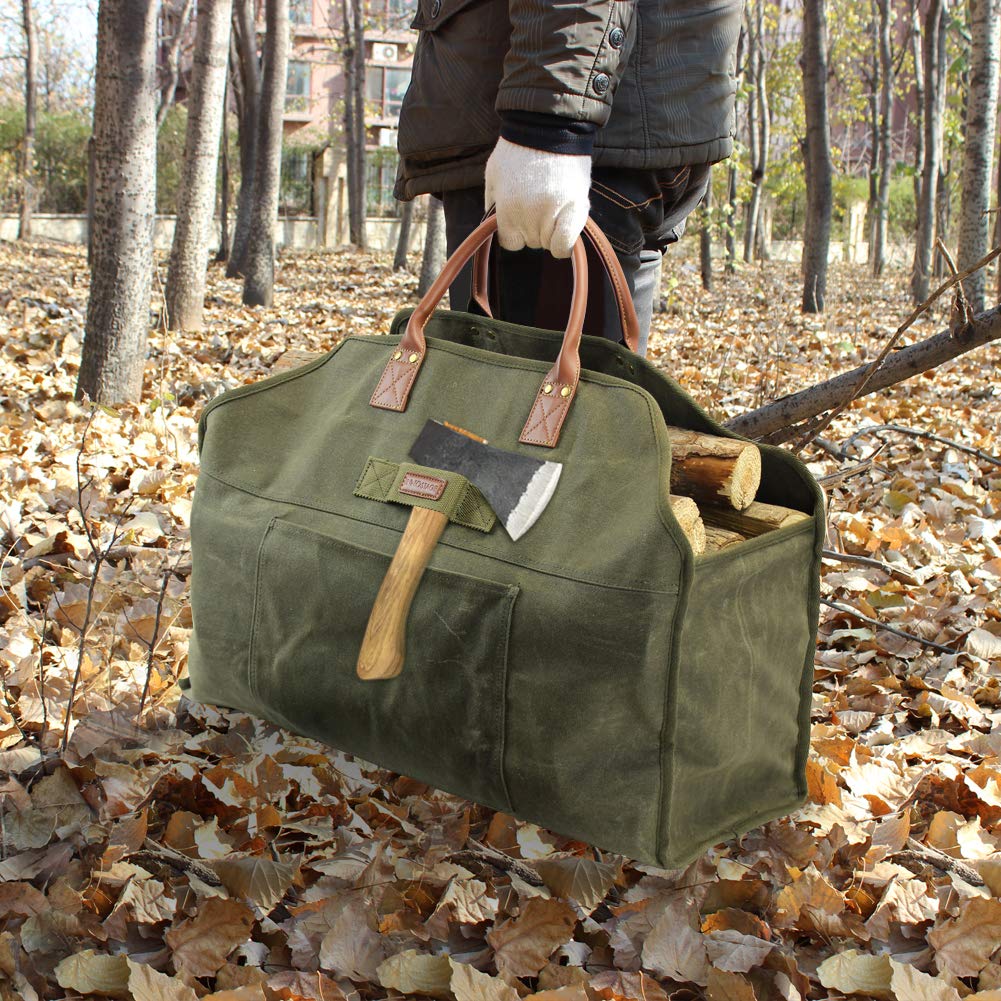 INNO STAGE Firewood Log Carrier Bag Waxed Canvas Tote Holder with Fireplace Pure Leather Gloves Set for Camping  BBQ Barbecue- Green Bag