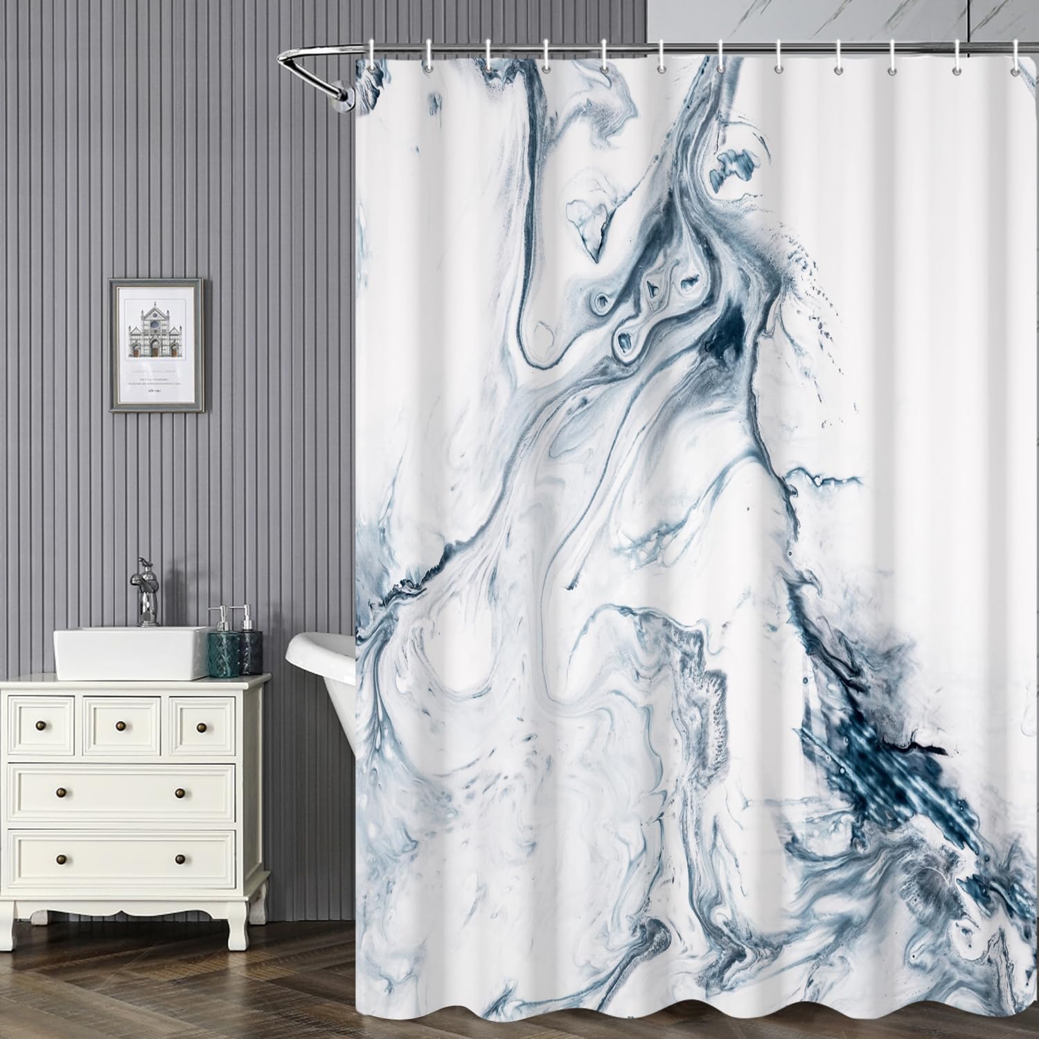 Ruelvth Blue Marble Shower Curtain, Modern Ombre Blue And White Shower Curtain Set With Hooks Aesthetic Waterproof Fabric Bathro