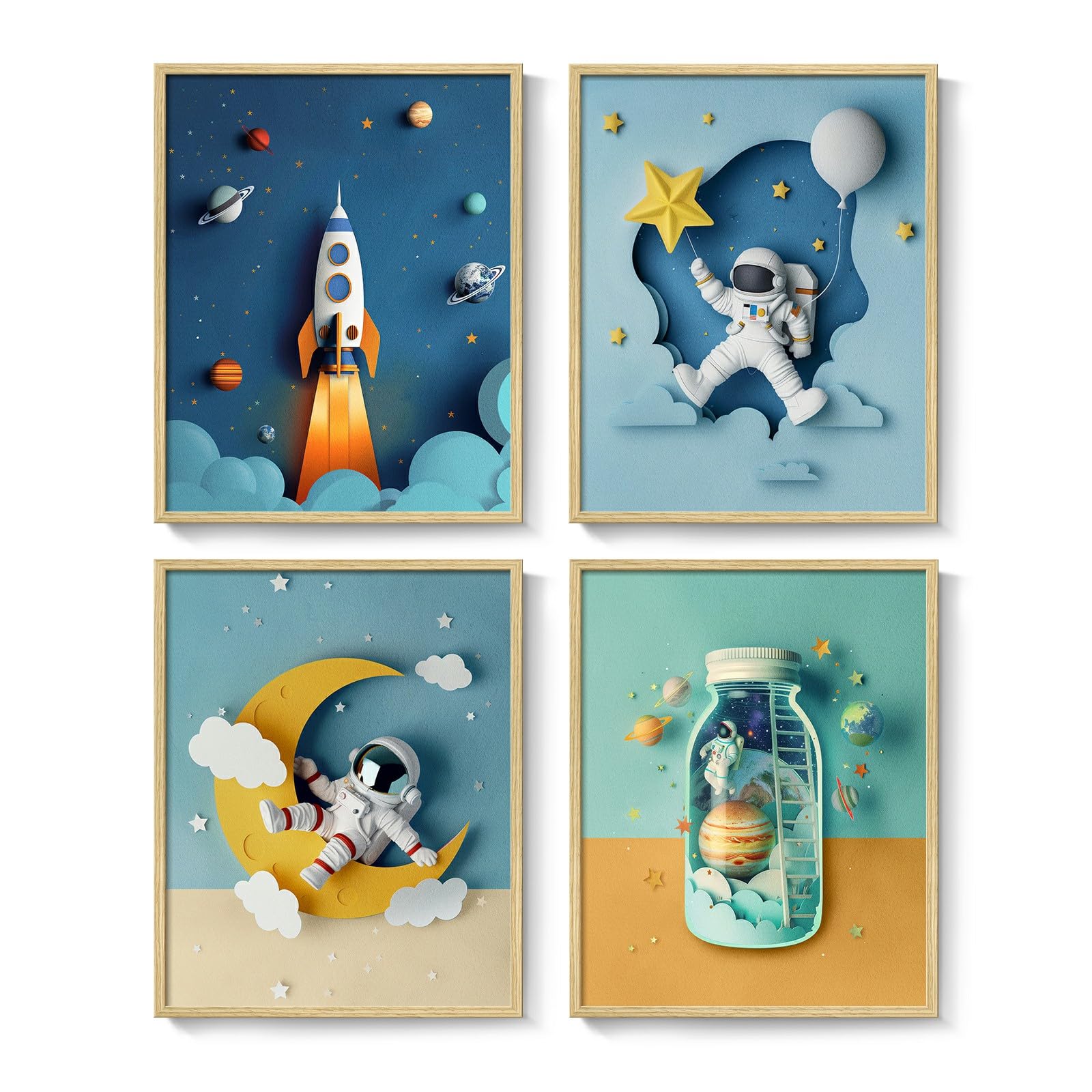 Framed Space Nursery Wall Art Set of 4, Modern Outer Space Themed Canvas Prints for Boys Bedroom, Cool Astronaut Rocket Pictures
