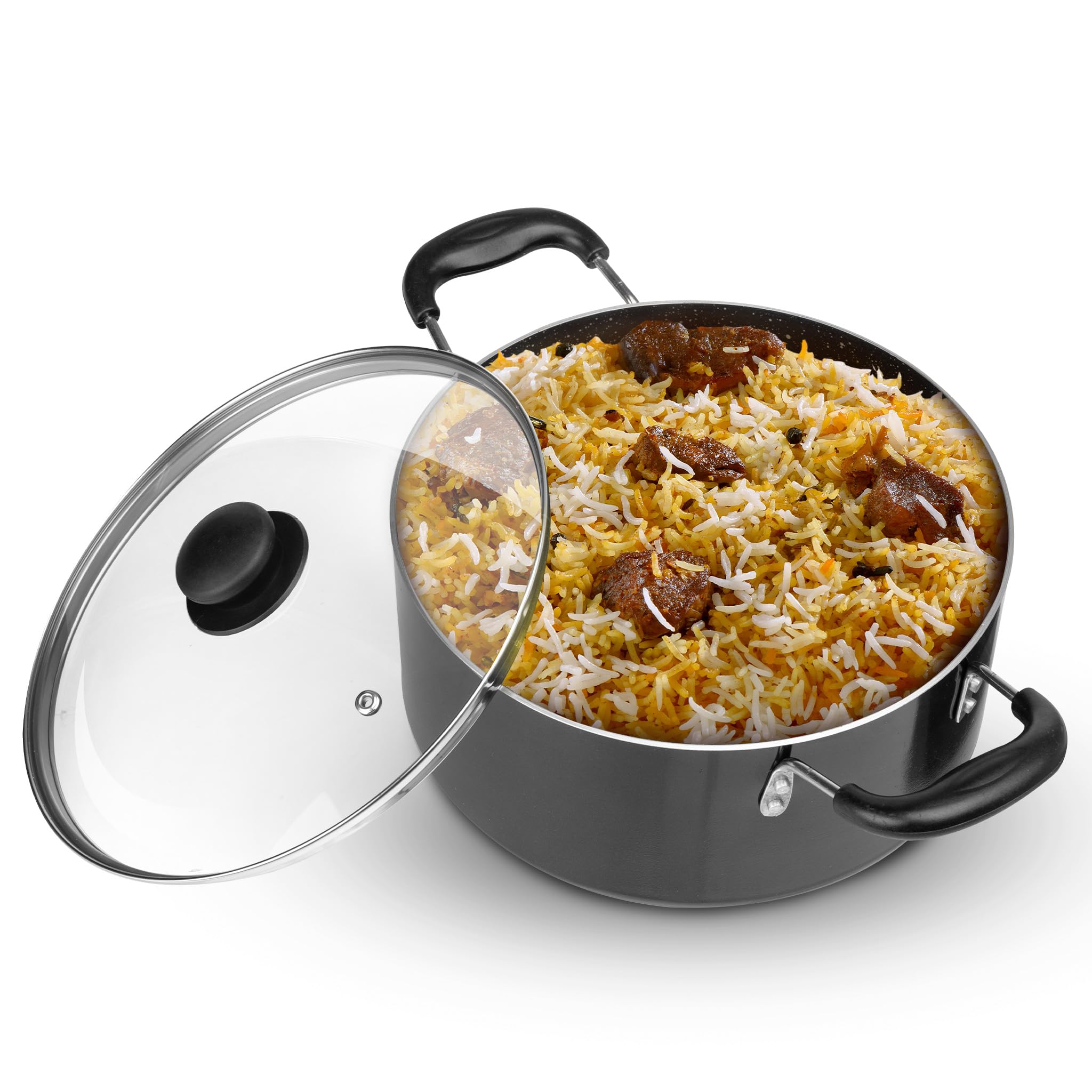 Agaro Elegant Non Stick Biryani Pot With Glass Lid, 26 Cm Diameter, 5.5 Liter Capacity, Non Stick Coated Aluminium Pot, Side Han