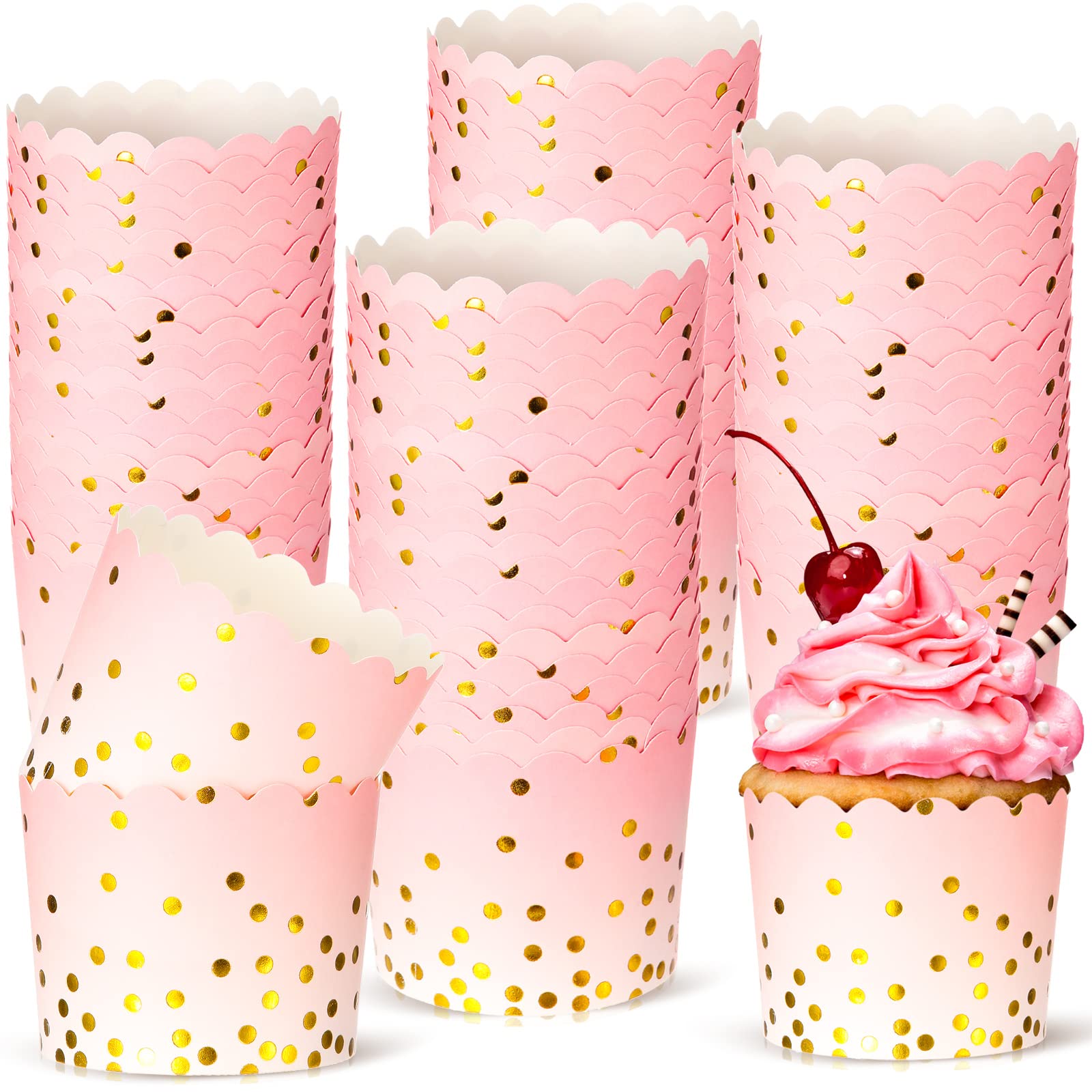 100 Pcs Pink Cupcake Liners 4.5 Oz Gold Polka Dot Paper Baking Cups For Muffins Desserts Bake, Easter, Baby Showers, Wedding And