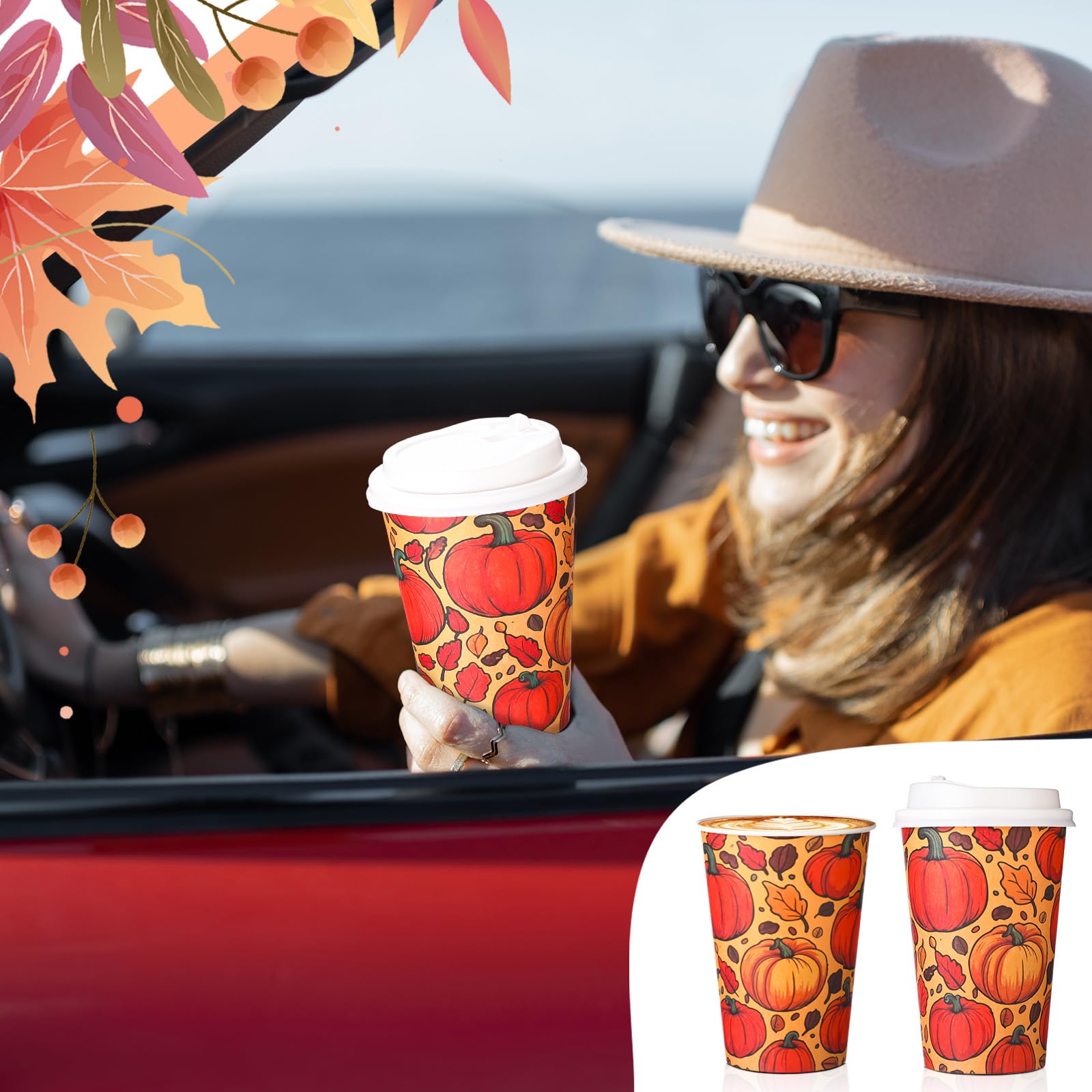 SiliFine 100 Pcs 12 oz Fall Pumpkin Paper Coffee Cups with Lids, Thanksgiving Disposable Maple Leaves Beverage Drinking Cups Fal