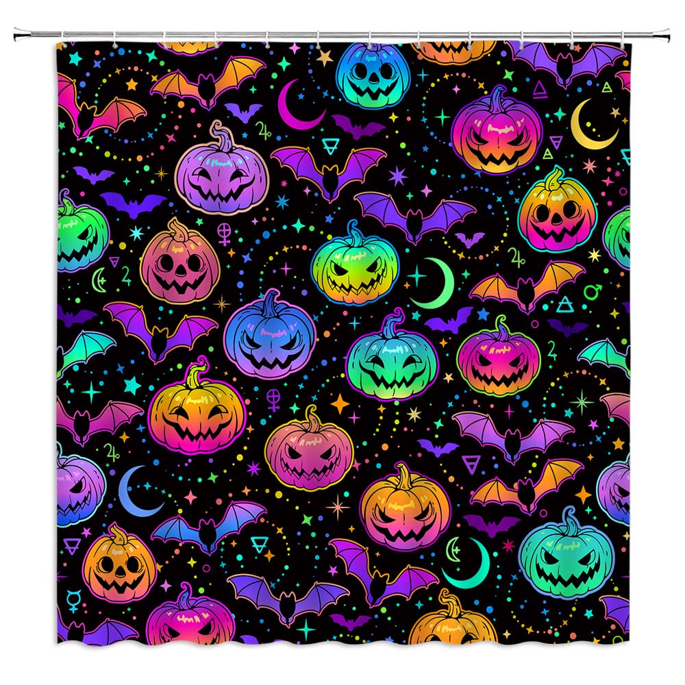 Ccxtcz Colorful Pumpkin Shower Curtain Scary Bat Star Moon Gothic Magic Mysterious Horror Spooky Fantasy Happy Halloween Fabric