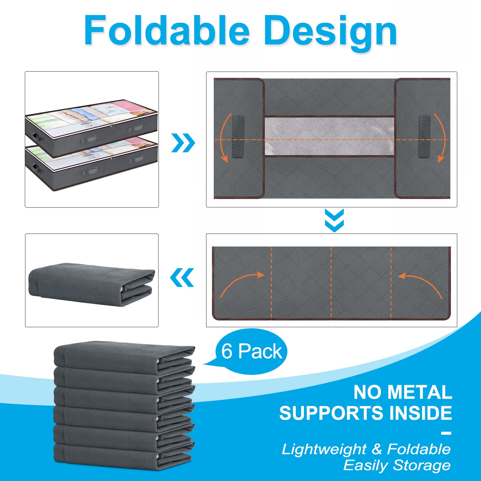 90L Under Bed Storage Containers, 6 Pack Underbed Closet Storage Organizer System, Moving Bags with Clear Window and Reinforced