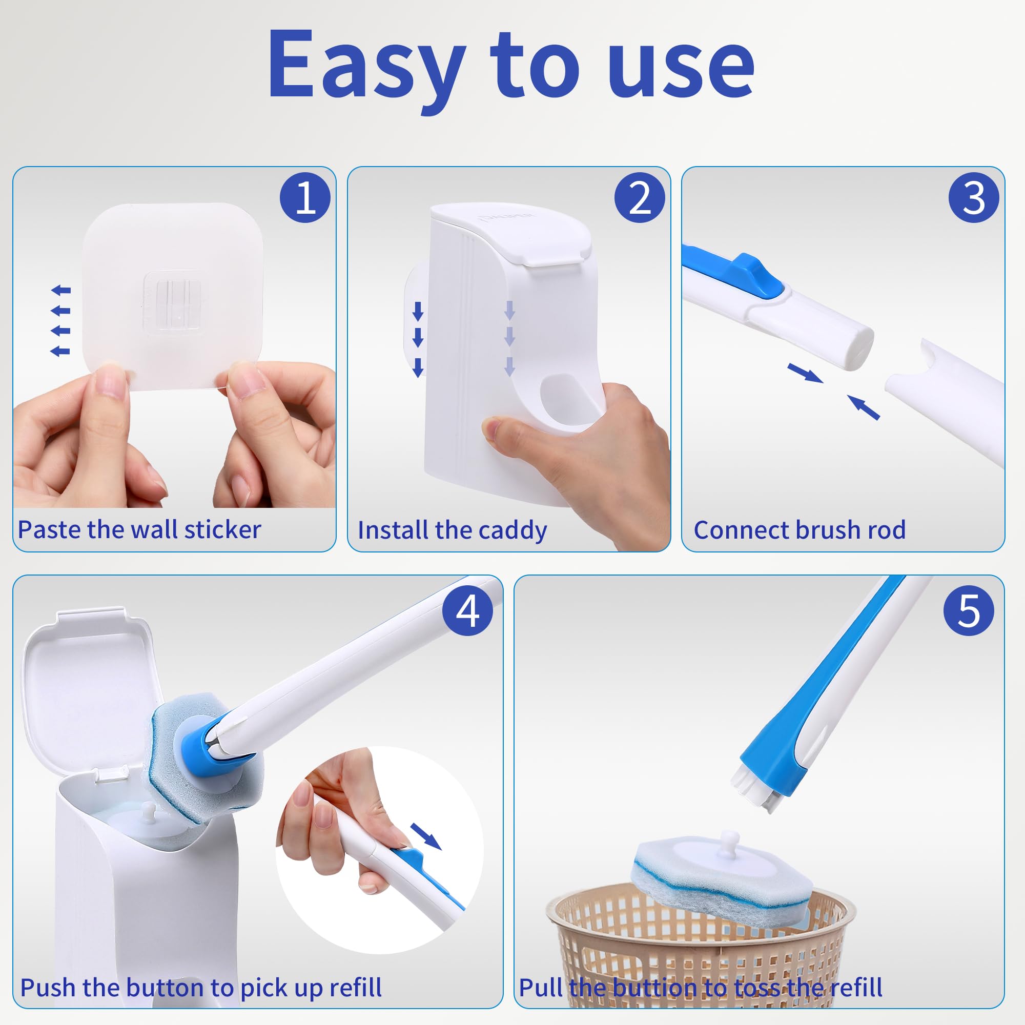 Daliper Disposable Toilet Brush With 40Pcs Refills, Wall Mounted Compact Bathroom Bowl Wand Cleaning System Long Handle With Sto