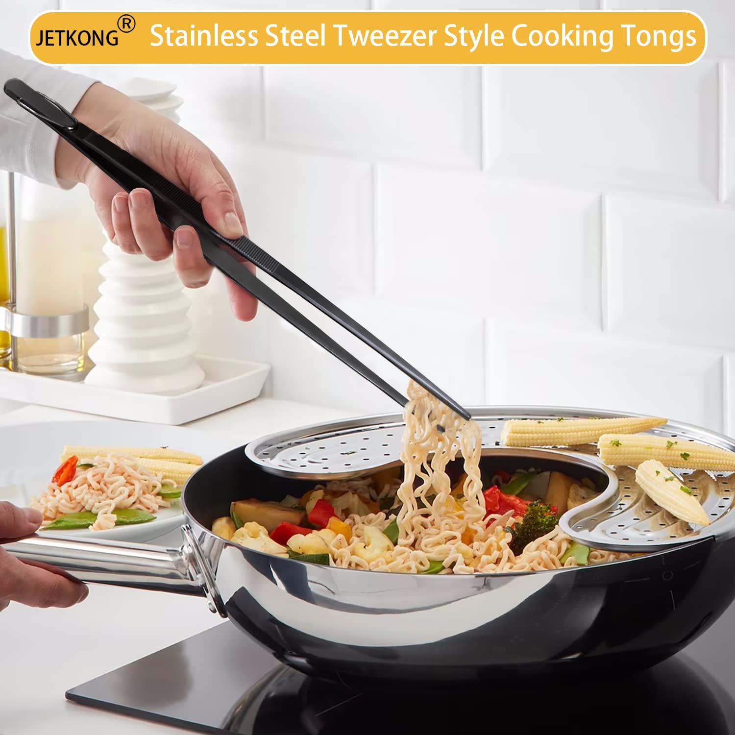 Jetkong Extra Long Kitchen Tweezers Heavy Duty Stainless Steel Cooking Tweezers, Set Of 3 (9 12 14 Inch, Black)