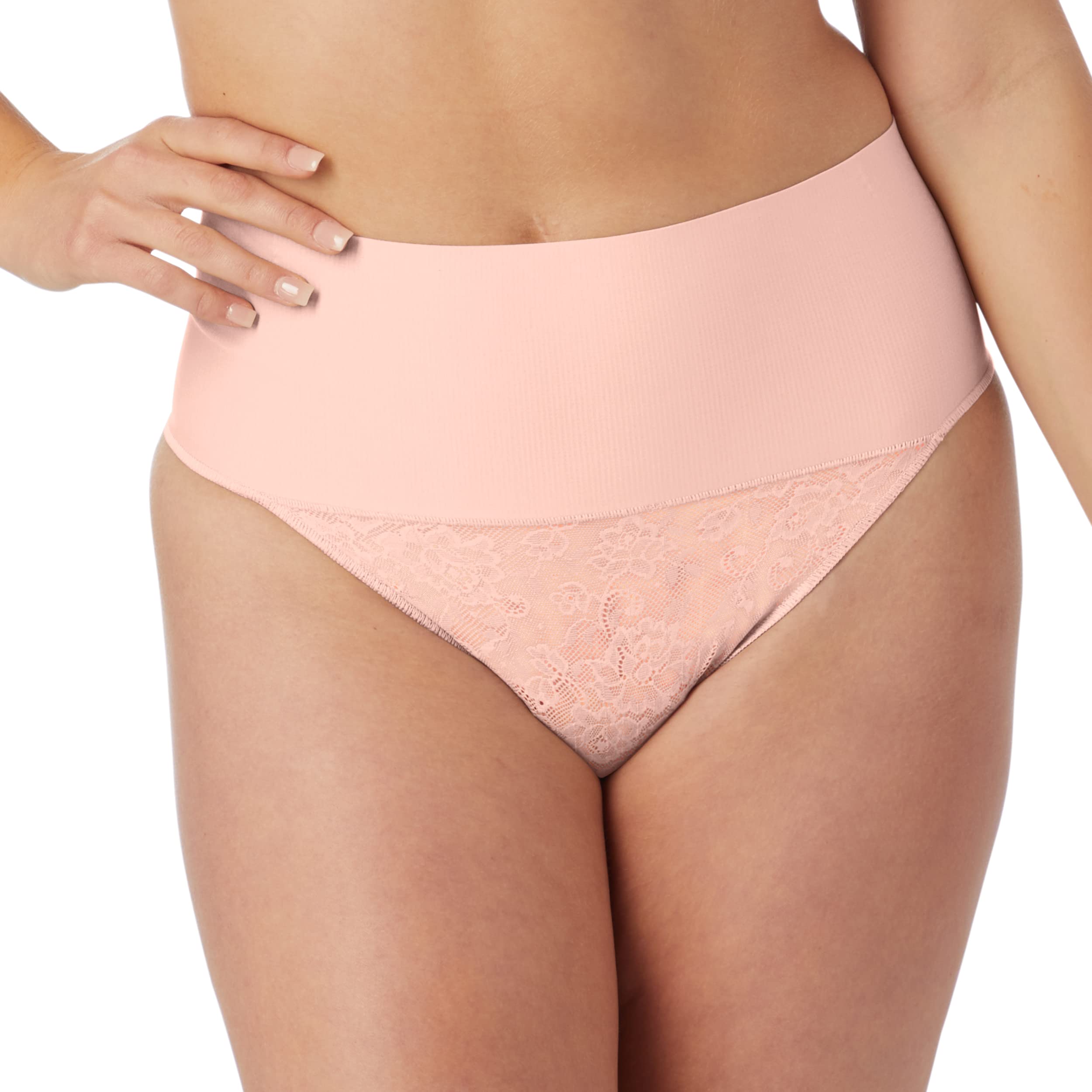 Maidenform Womens Tame Your Tummy Shaping Lace Thong With Cool Comfort Dm0049 Waist Shapewear, Pink Pirouette Lace, Large Us