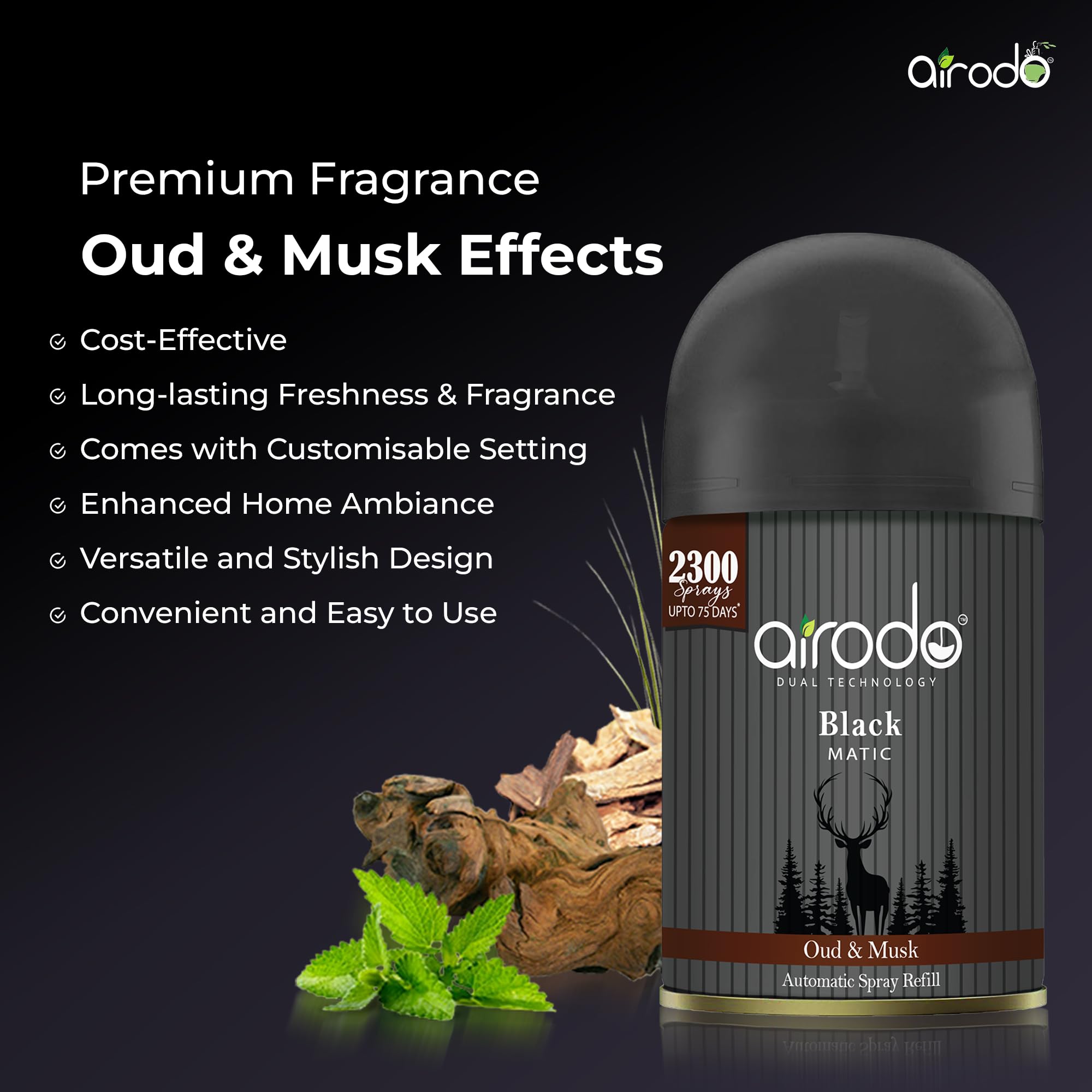 Airodo Black Matic Air Freshner With Dual Technology Oud & Musk With Long Lasting Fragrance 235 Millilitre Booster Upto 75 Days