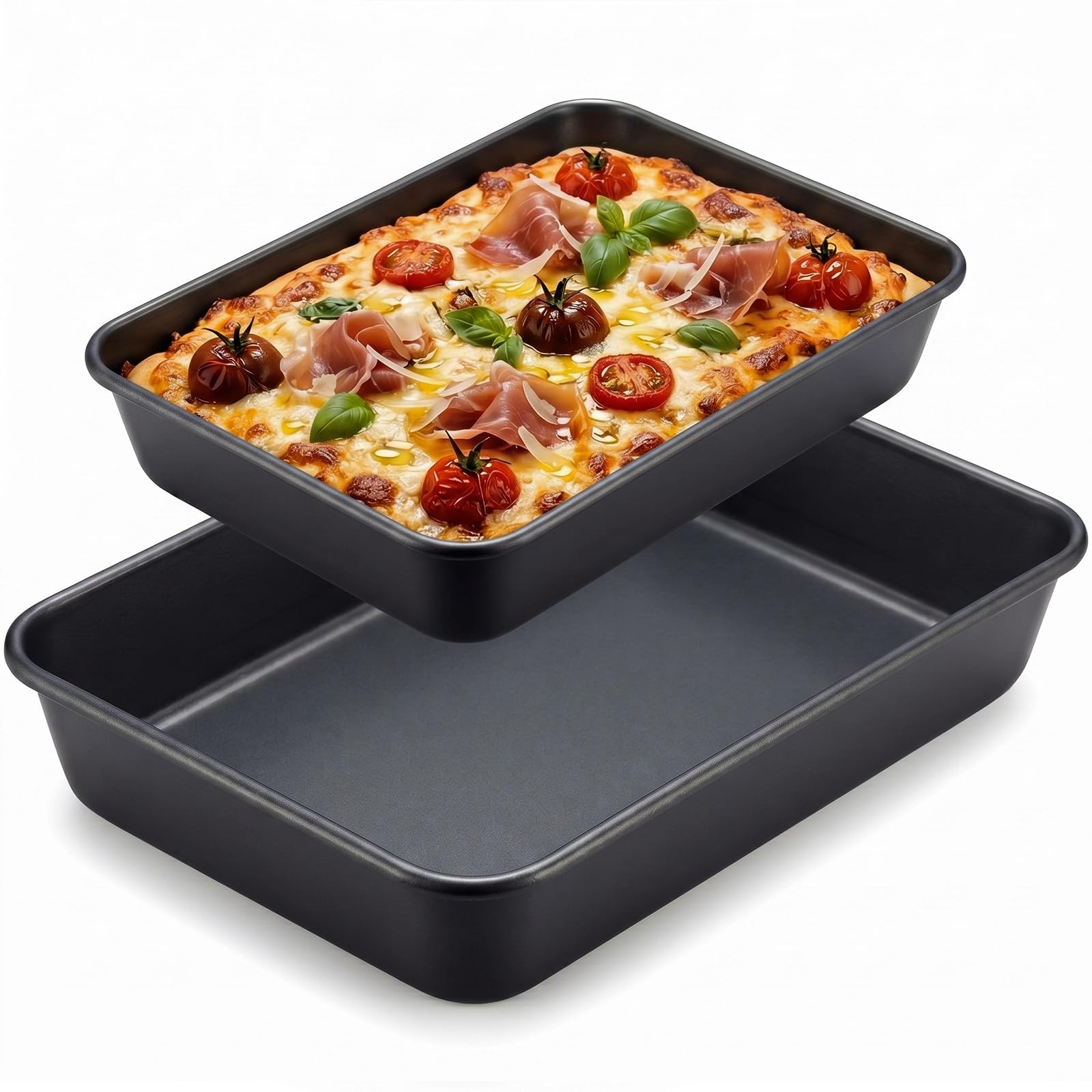Purpeak 2 Pack Carbon steel Lasagna Baking Pans Set, 11 x 16 Inch & 9 x 13 Inch Heavy Duty Steel Deep Rectangular Cake Pans Nons