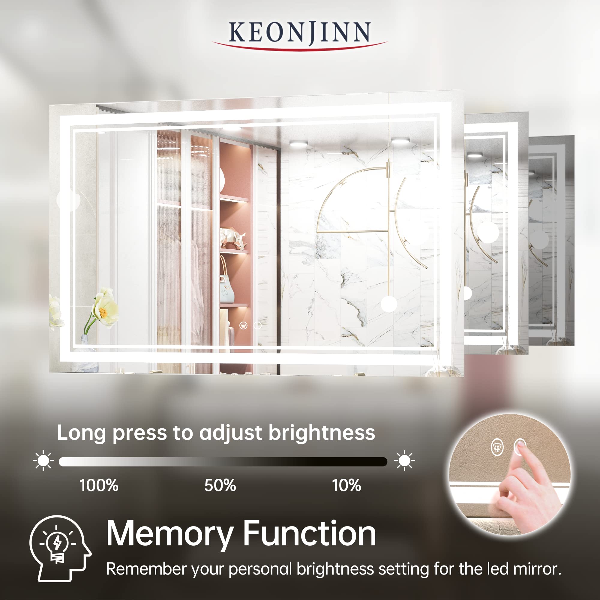 Keonjinn 48 x 30 Inch LED Mirror Lighted Bathroom Mirror with Lights  LED Vanity Mirror  Wall Mounted Anti-Fog Dimmable Front Light Makeup Mirror  IP54  CRI=90  6000K(Horizontal or Vertical)