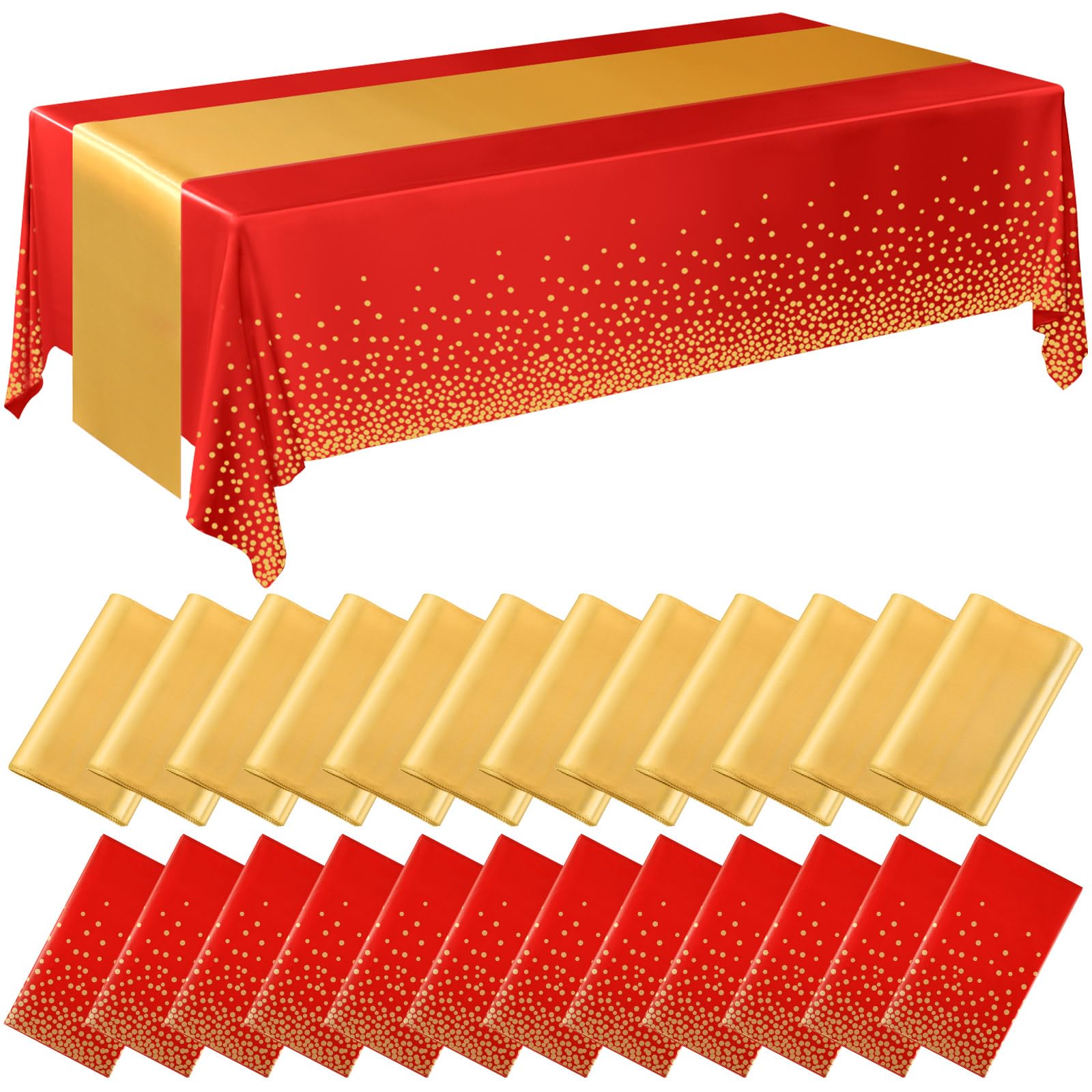 Breling 24 Pack Red and Gold Disposable Plastic Tablecloths and Satin Table Runner Set, 54 x 108 Inch Tablecloth, 12 x 108 Inch 