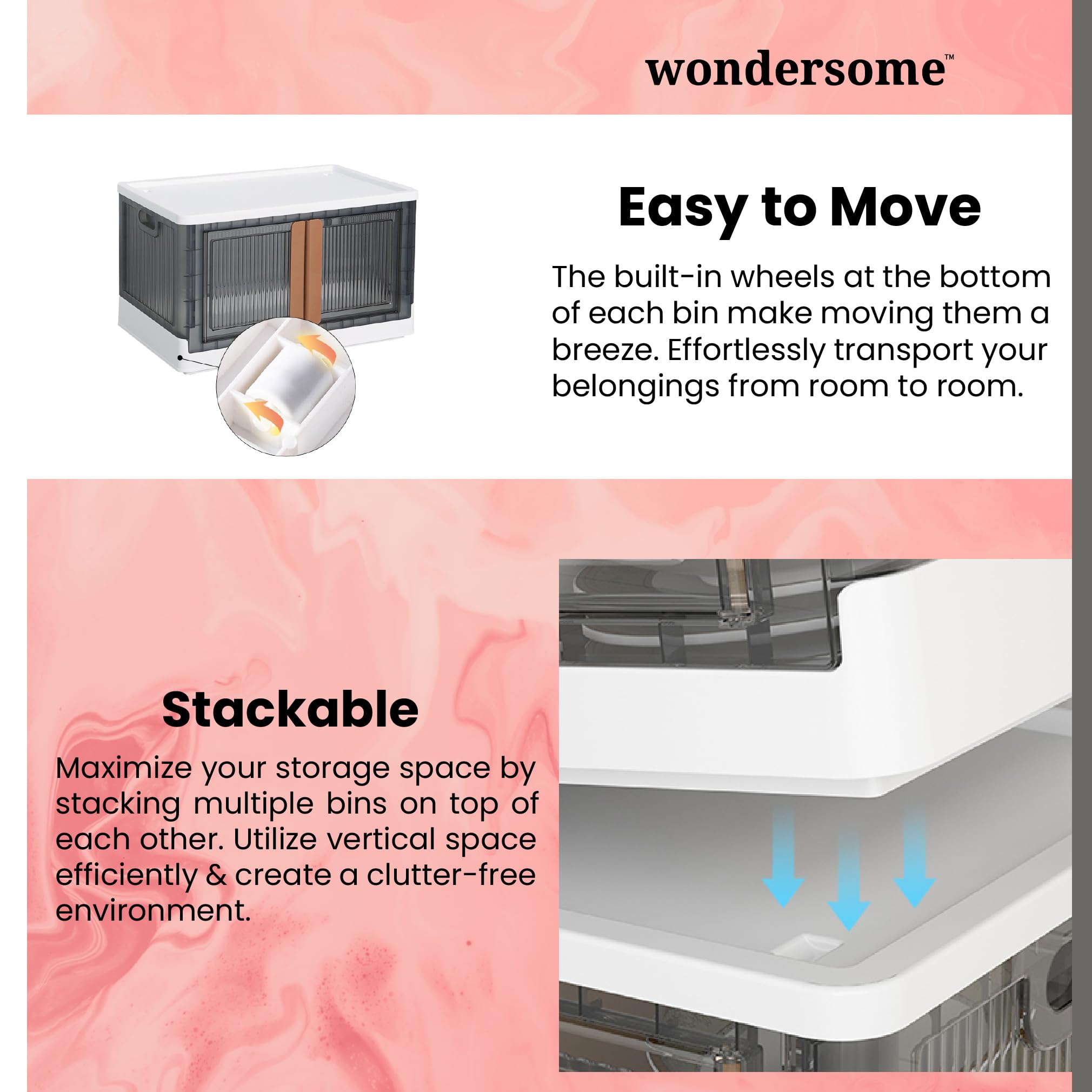 Wondersome Collapsible Storage Bins 72-L - 15-Pack Of Extra-Large 19-Gallon/76-Quart Stackable Wheeled Clothing, Shoe, Bedroom,