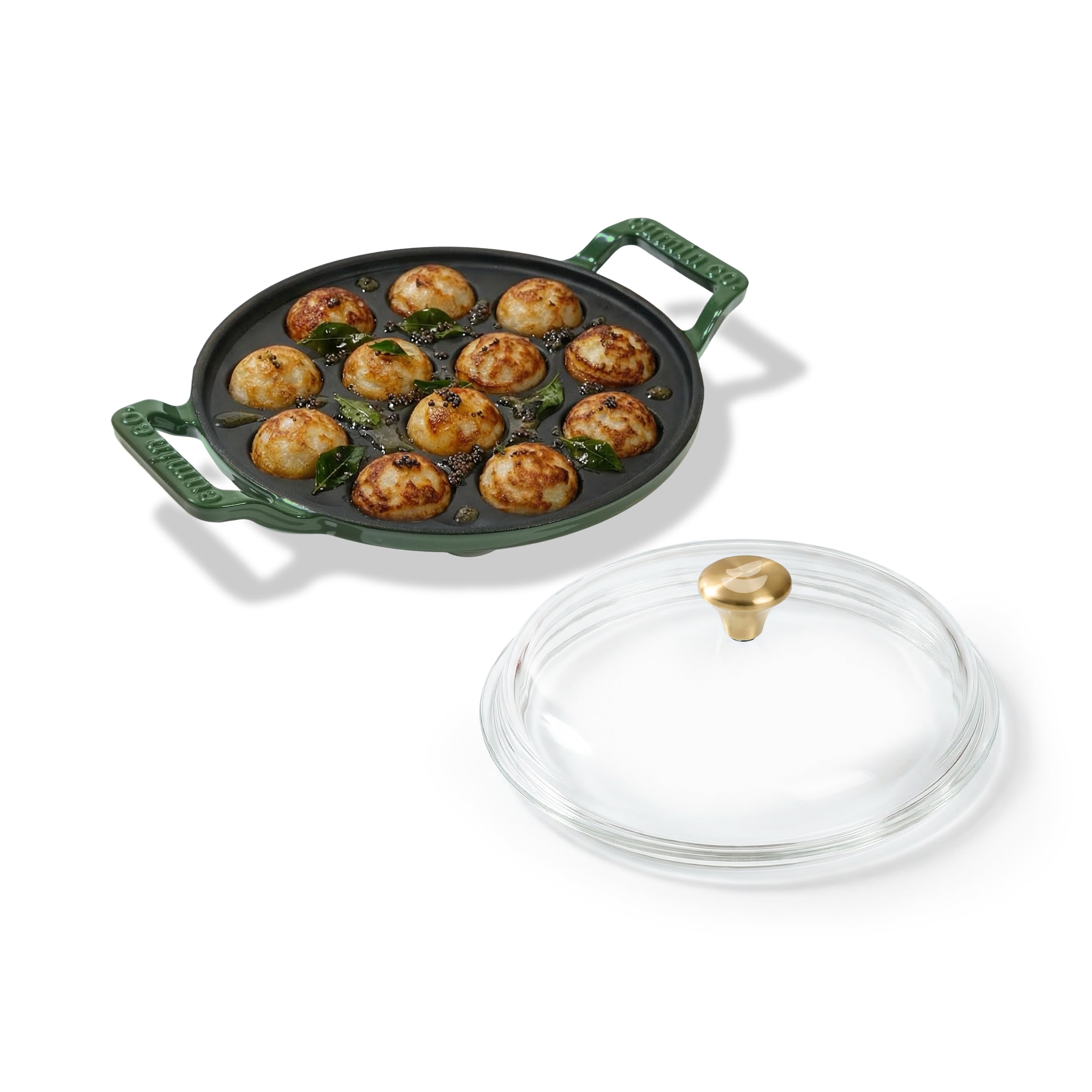 Cumin Co. Cast Iron Paniyaram Pan With Lid | Induction Base Cookware| 12 Cavities | 10 Years Warranty | Non Toxic Non Stick Pan 