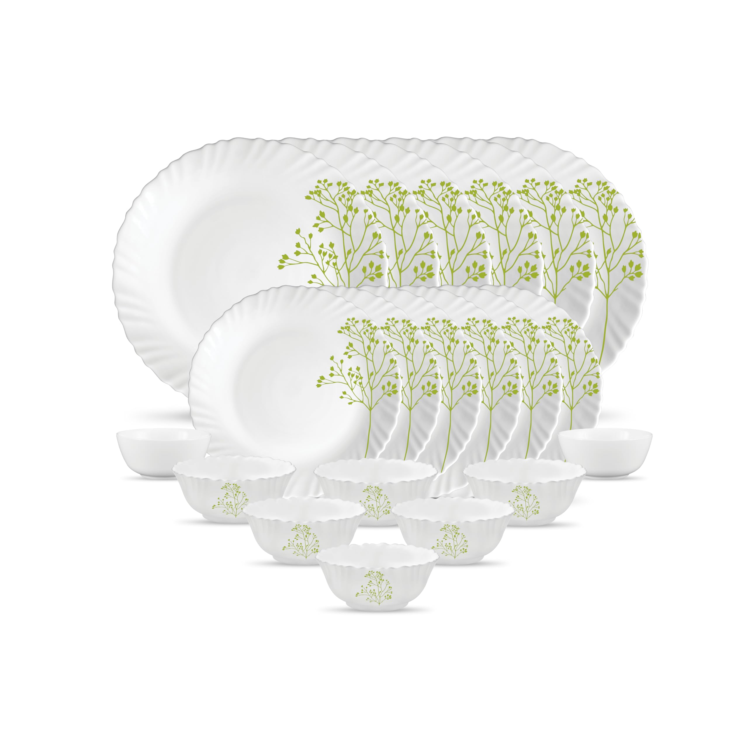 La Opala Novo Collection Opal Glass Crockery | For Family Of 6 | Dinner Set 20 Pcs Blissful Green | Plates & Bowls For Dining | 