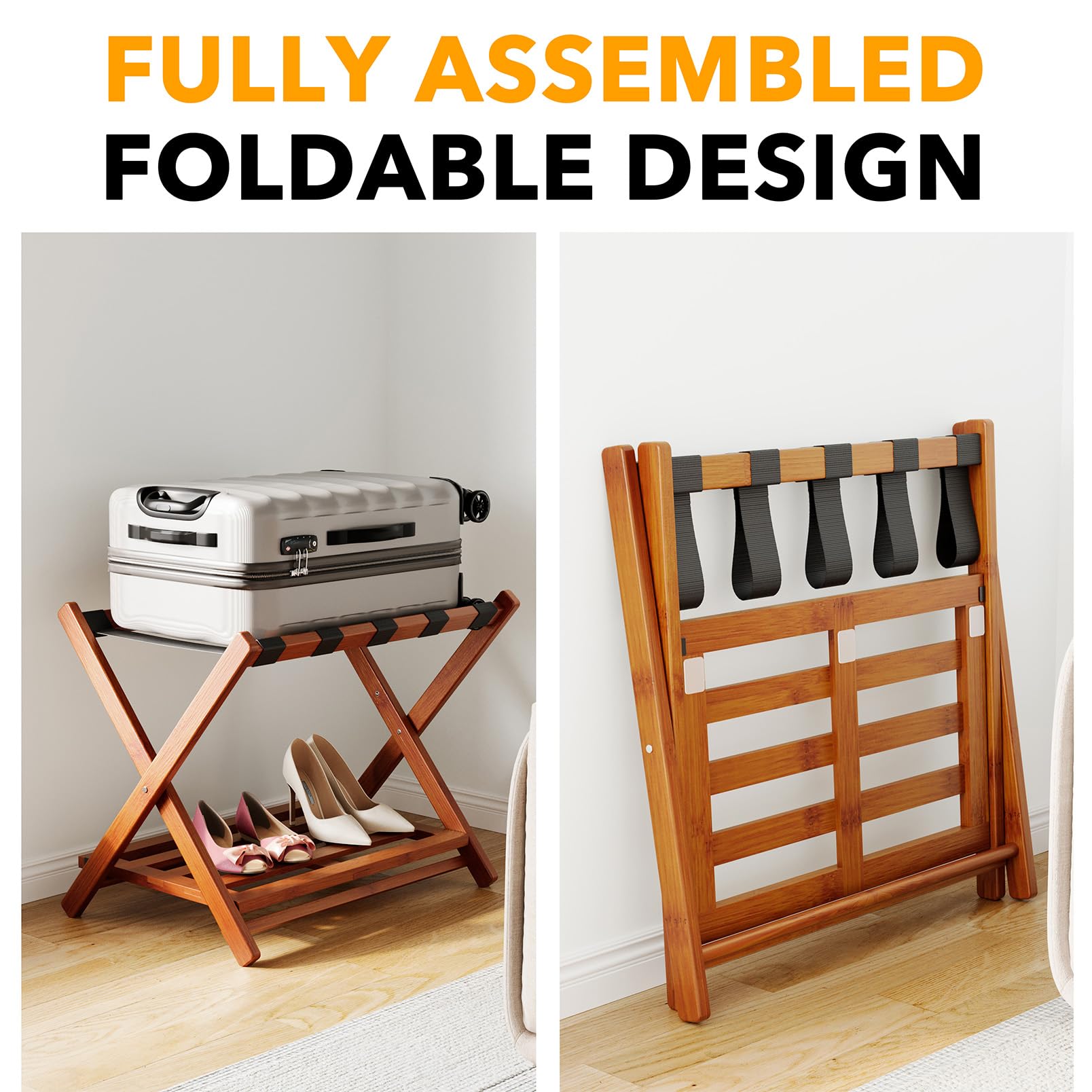 Spaceaid Fully Assembled Luggage Rack 1 Pack, Bamboo Foldable Suitcase Stand For Guest Room, Heavy Duty Folding Luggage Holder W