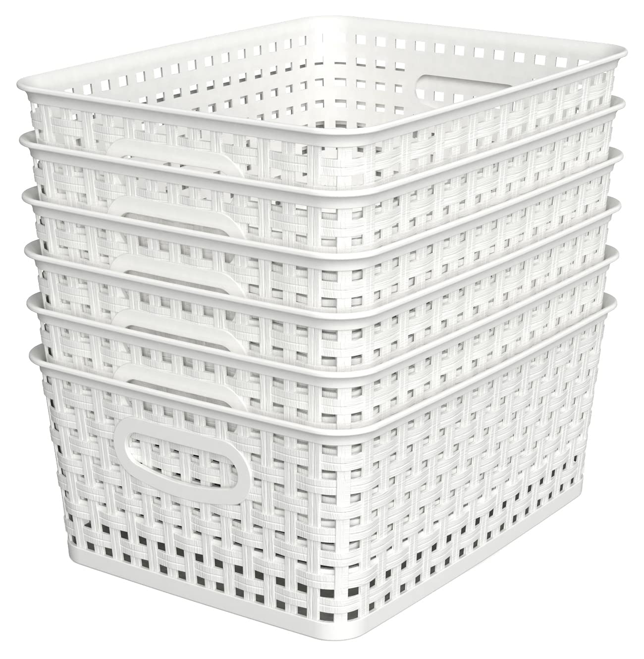 Woven Plastic Storage Baskets, 6 Pack White Weave Bins Organizer, 10.1'' X 7.55'' X 4.1''
