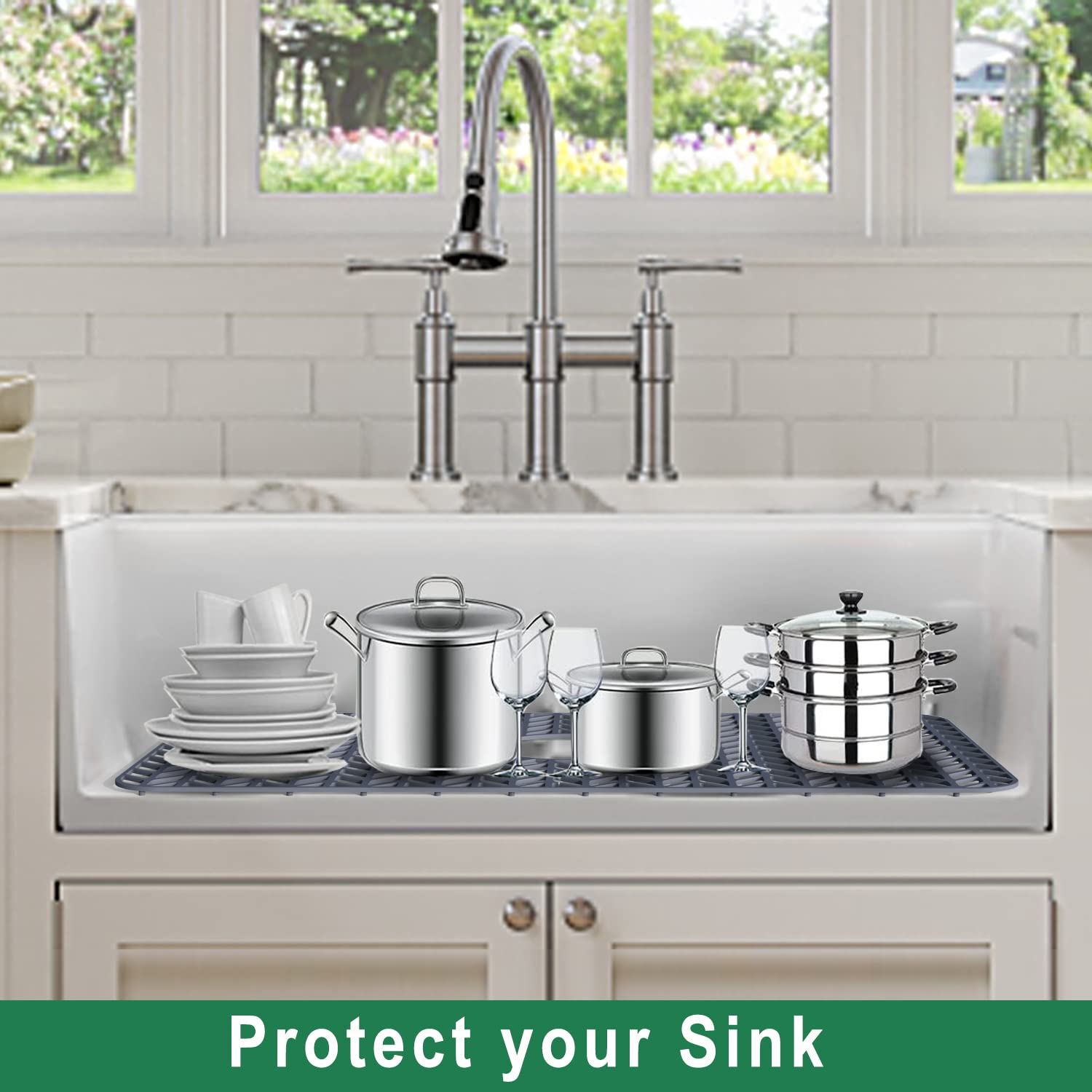 GUUKIN Sink Protectors for Kitchen Sink - 28.6''x 14.5'' Silicone Kitchen Sink Mat Grid for Bottom of Farmhouse Stainless Steel Porcelain Sink with Right & Left Drain(Grey)