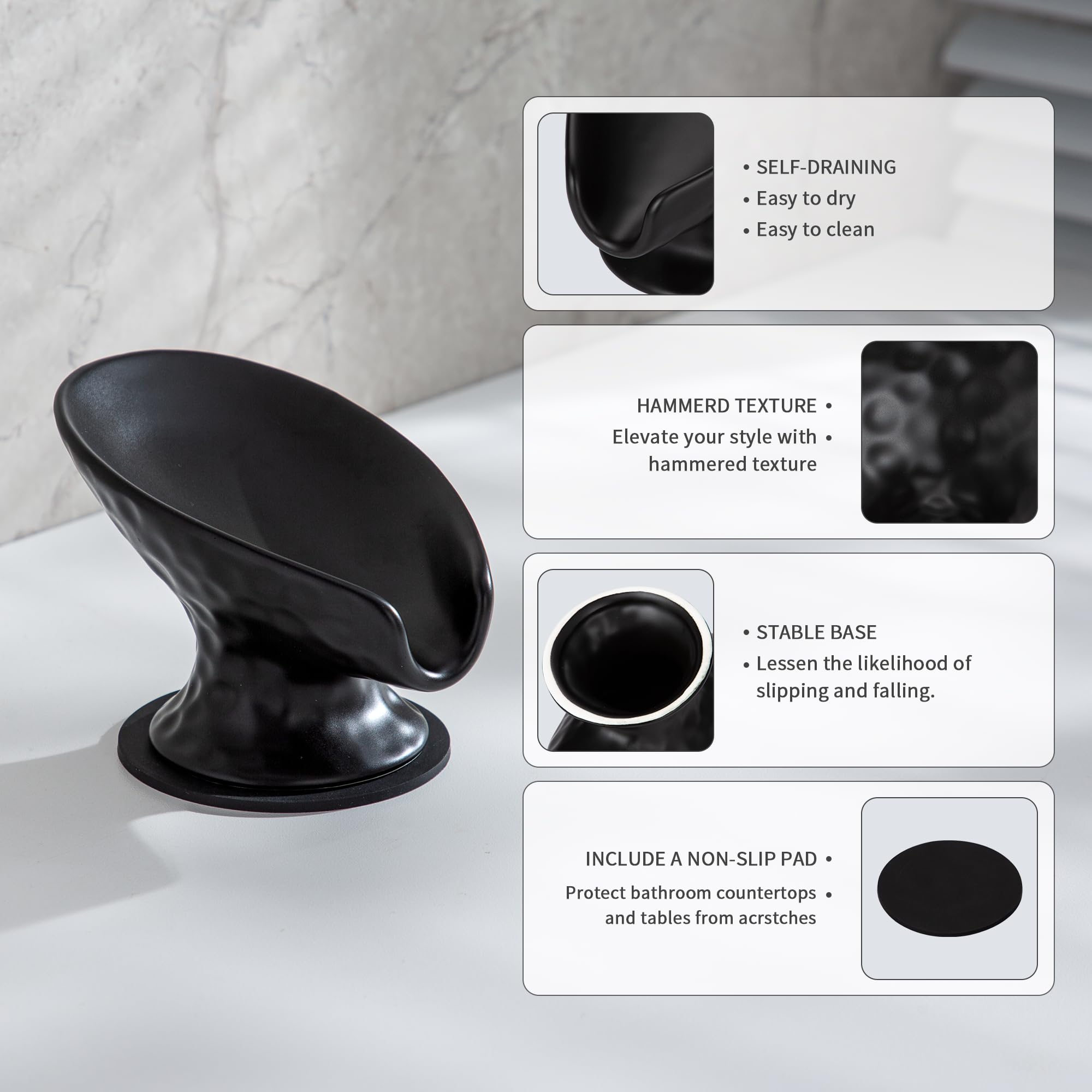 Self Draining Soap Dish,Shower Soap Holder,Black Ceramic Soap Dishes For Bathroom Kitchen Shower Keeps Soap Dry, Easy To Clean(M