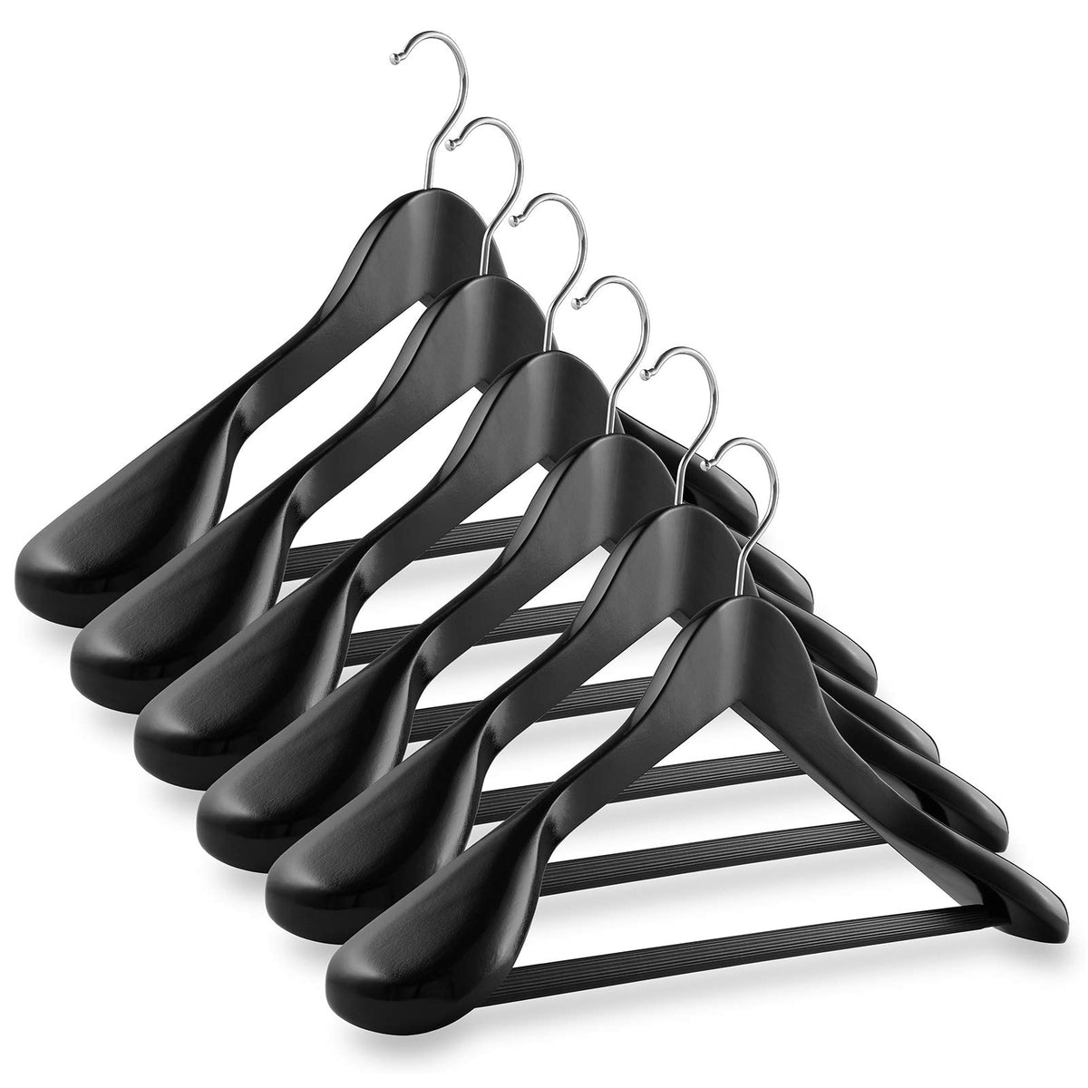 Casafield - 6 Black Wide Shoulder Wooden Suit Hangers - Premium Lotus Wood, Non-Slip Pant Bar & Chrome Swivel Hook For Dress Clo