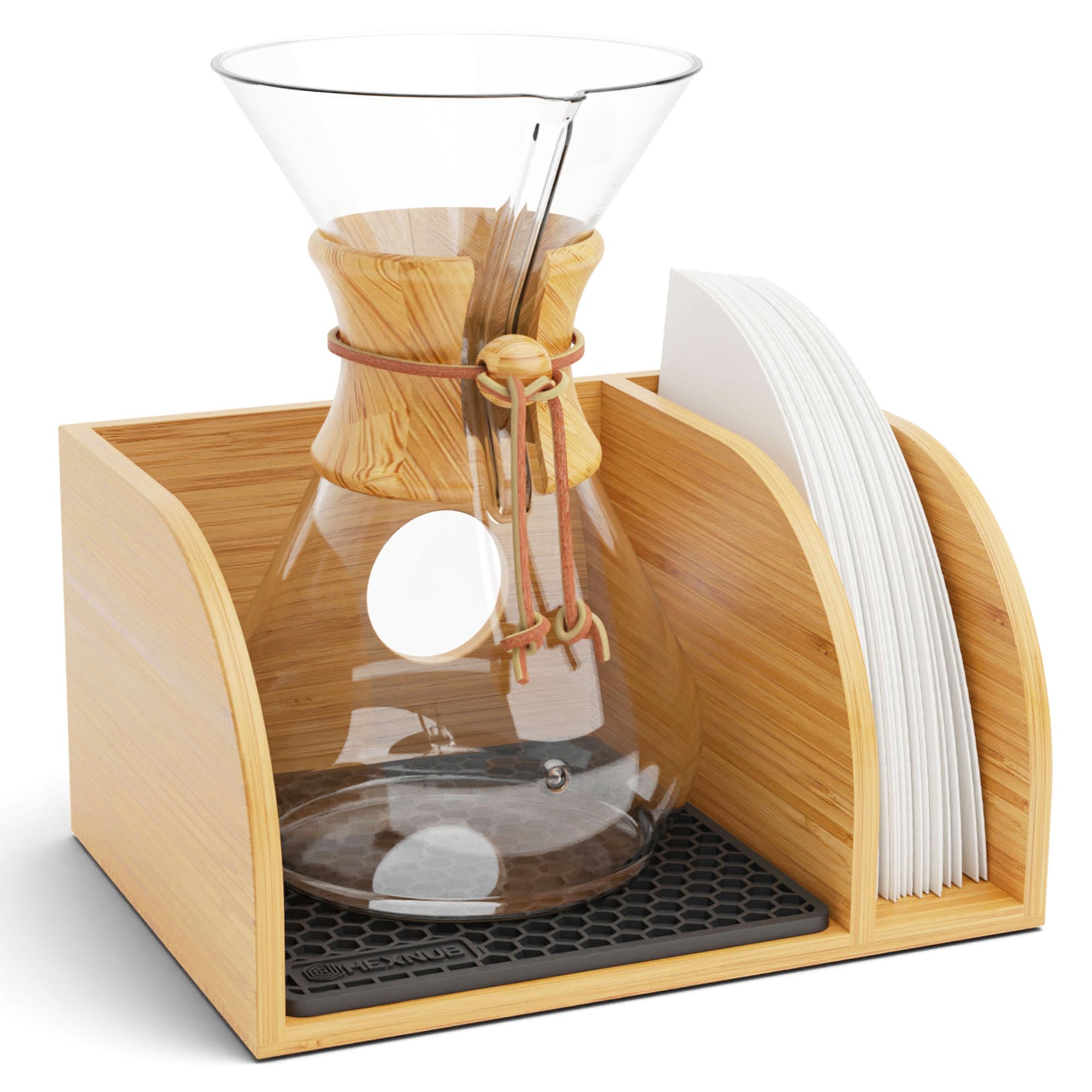 Hexnub - Caddy For Pour Over Coffee Makers, Bamboo Stand Fits Chemex, Bodum, Cosori Carafes, Heatproof Mat, Filter Holder For Co