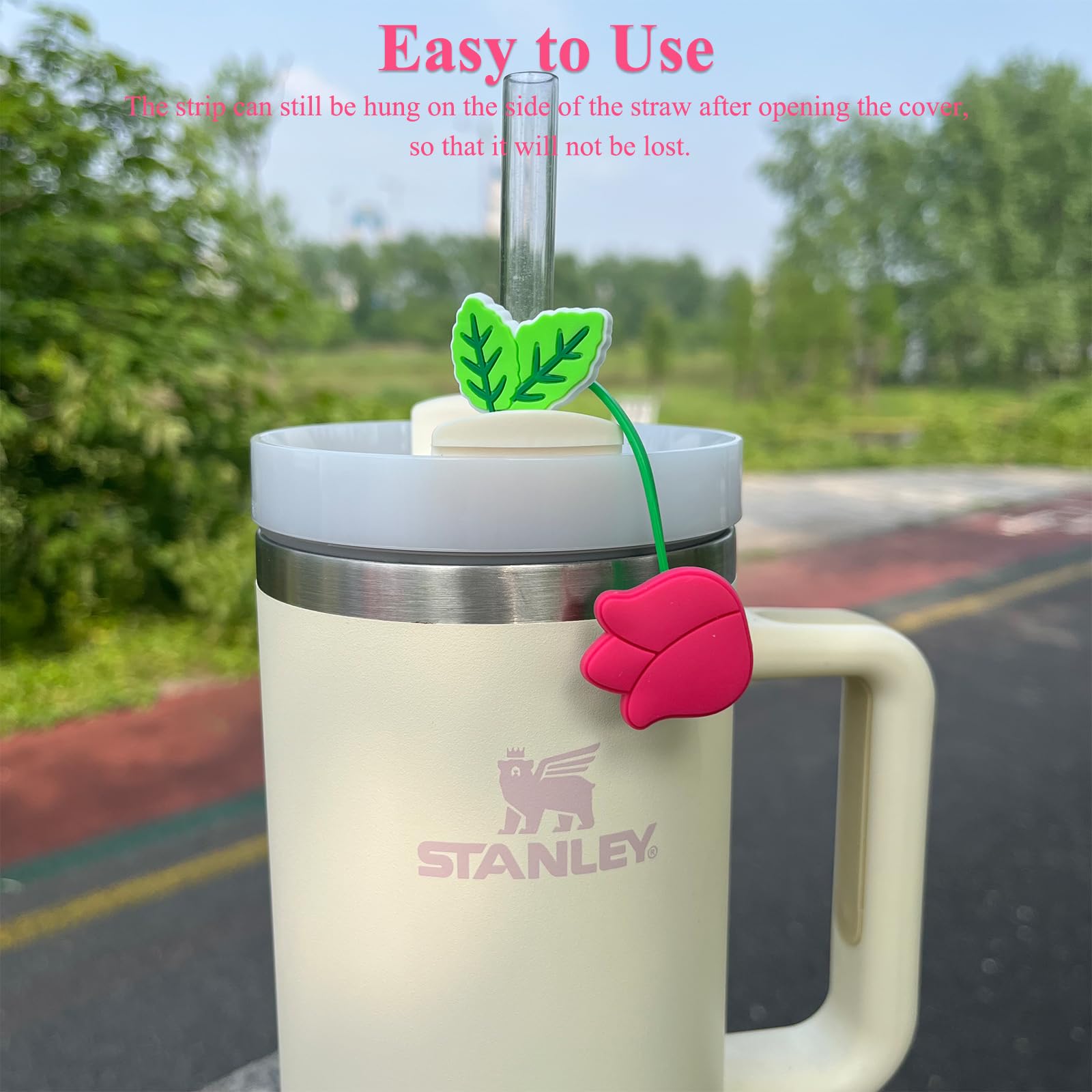 Amreich Tulip Flower Straw Covers, 4 Pcs Fuchisa Straw Cover Cap Compatible With 30 40 Oz Tumblers, Silicone Straw Toppers For P