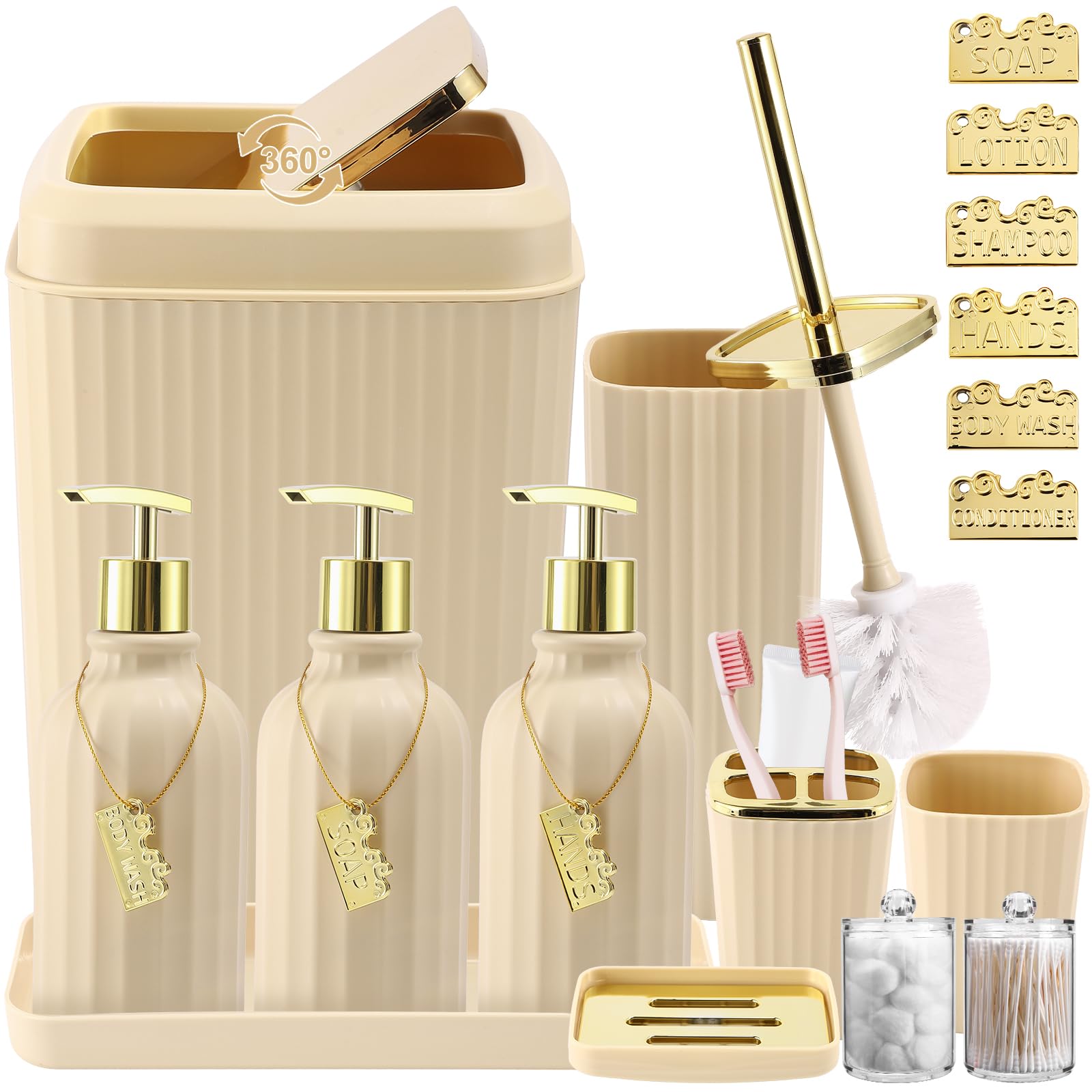 WSBArt 17PCS Bathroom Accessory Set Bathroom Set Beige Bathroom Accessories,Toilet Brush, Trash Can, Qtip Holder Dispenser& 3PCS