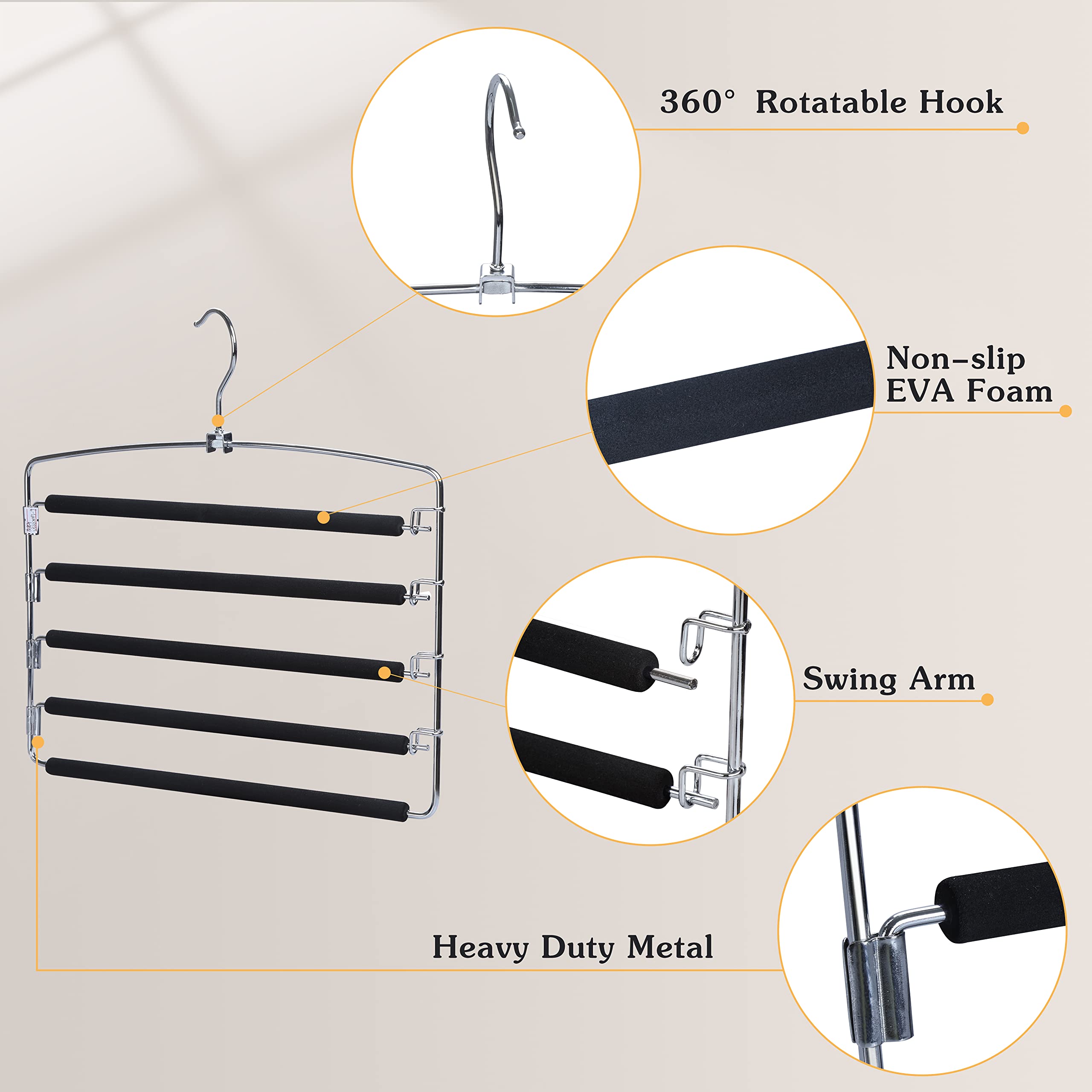 TOPIA HANGER Pants Hangers Space Saving  3-Pack Swing Arm Pants Organizer for Closet  Non-Slip Foam Padded Organizer Hanger for Multi Slacks  Jeans  Trousers  Skirts  Scarfs (Black)-CT27B