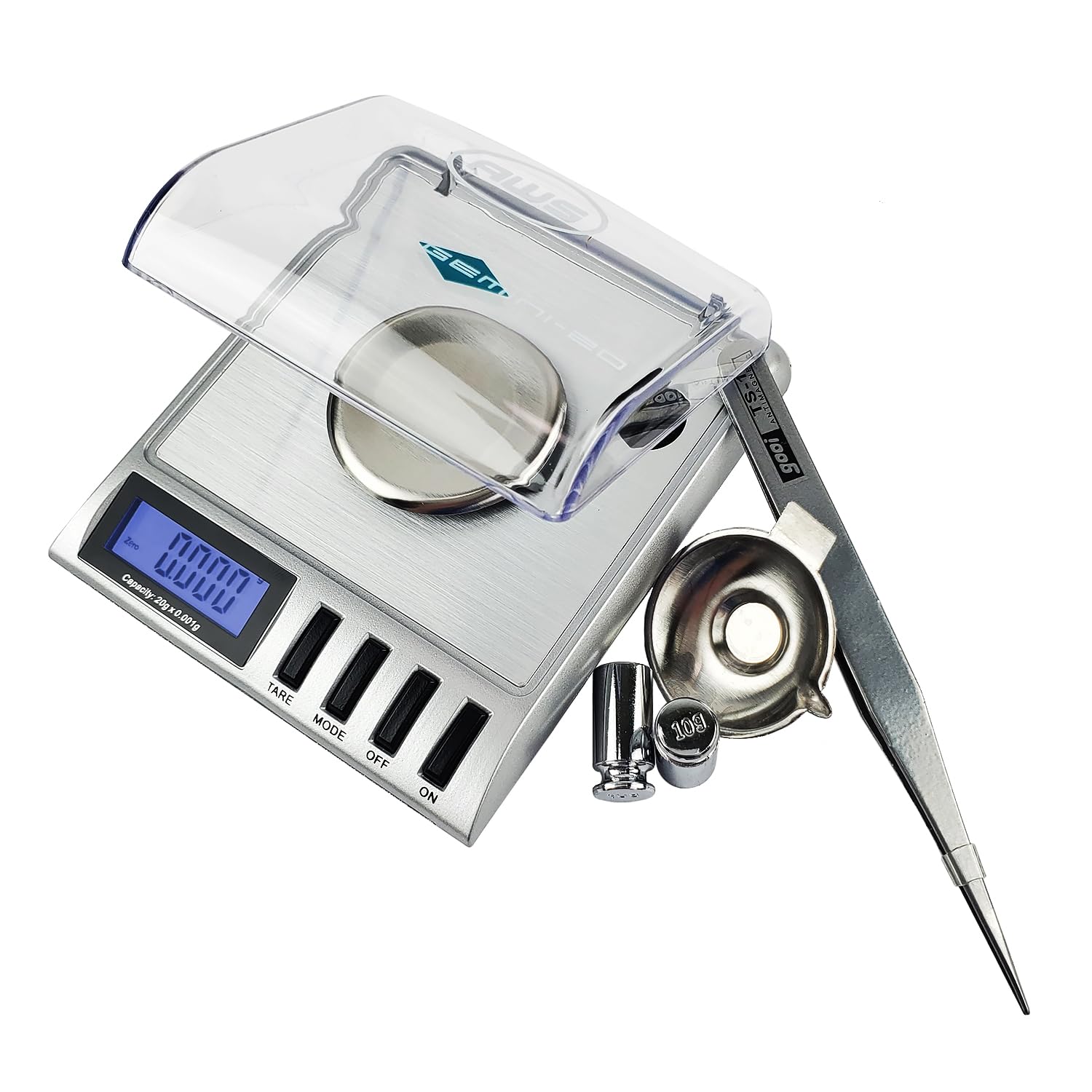 Gemini-20 Milligram Scale - 20G X 0.001G Precision Digital Scale In Silver & Black - Includes Calibration Weights, And Tweezers
