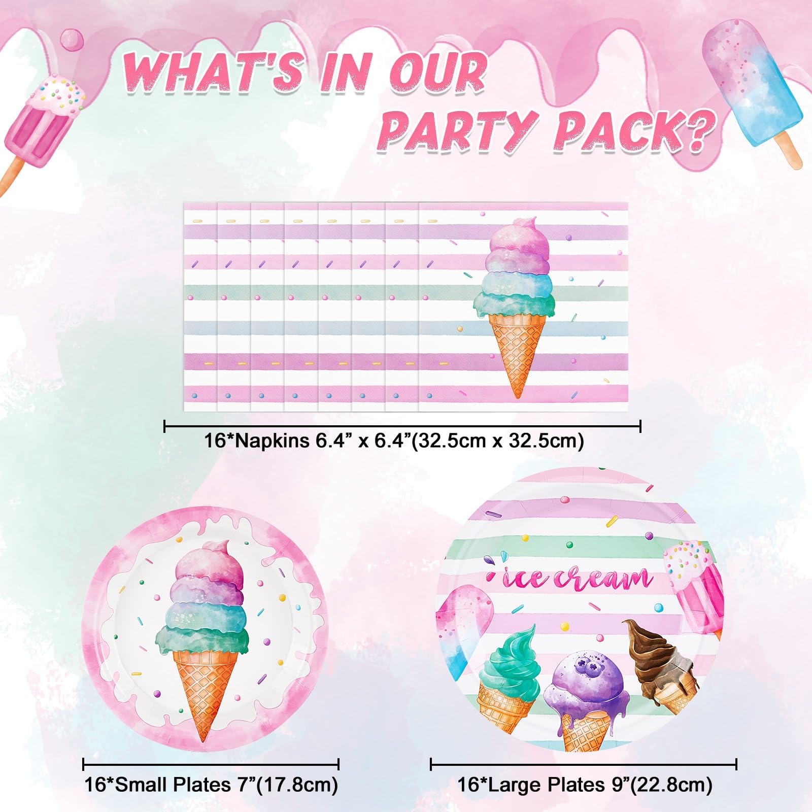 Wernnsai Ice Cream Party Supplies - 48Pcs Ice Cream Party Plates And Napkins Set For Girls Birthday Baby Shower Pink Disposable