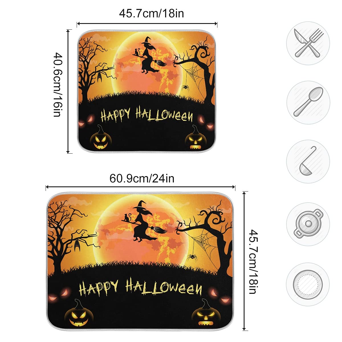 Halloween Witch Spdier Bat Dish Drying Mat 18X24 Absorbent Dishes Pumpkin Scary Night Pad Dish Drainer Mat Protector For Kitchen