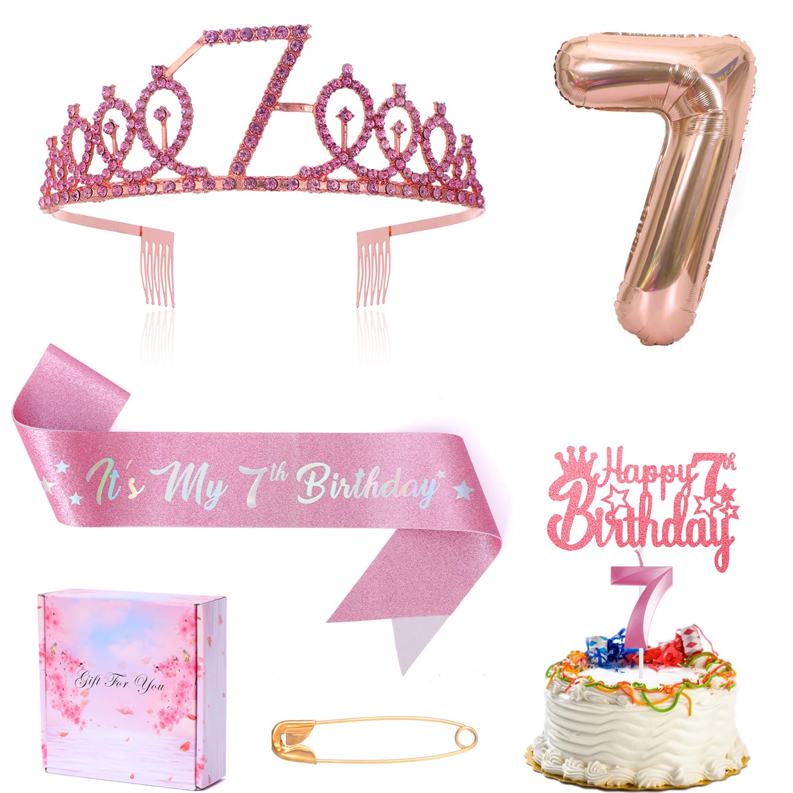 7Th Birthday Candle Sash And Tiara,It'S My 7Th Birthday Sash Rhinestone Crown Happy Birthday Cake Topper Foil 7 Balloon For Girl
