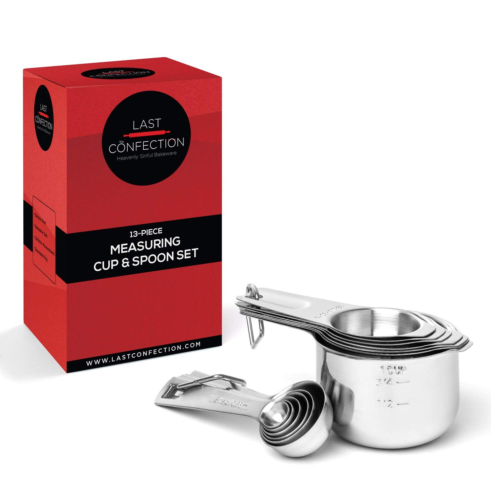 Last Confection 13Pc Stainless Steel Measuring Spoon & Cup Set - Kitchen Measurements For Dry Spices And Liquid Cooking & Baking