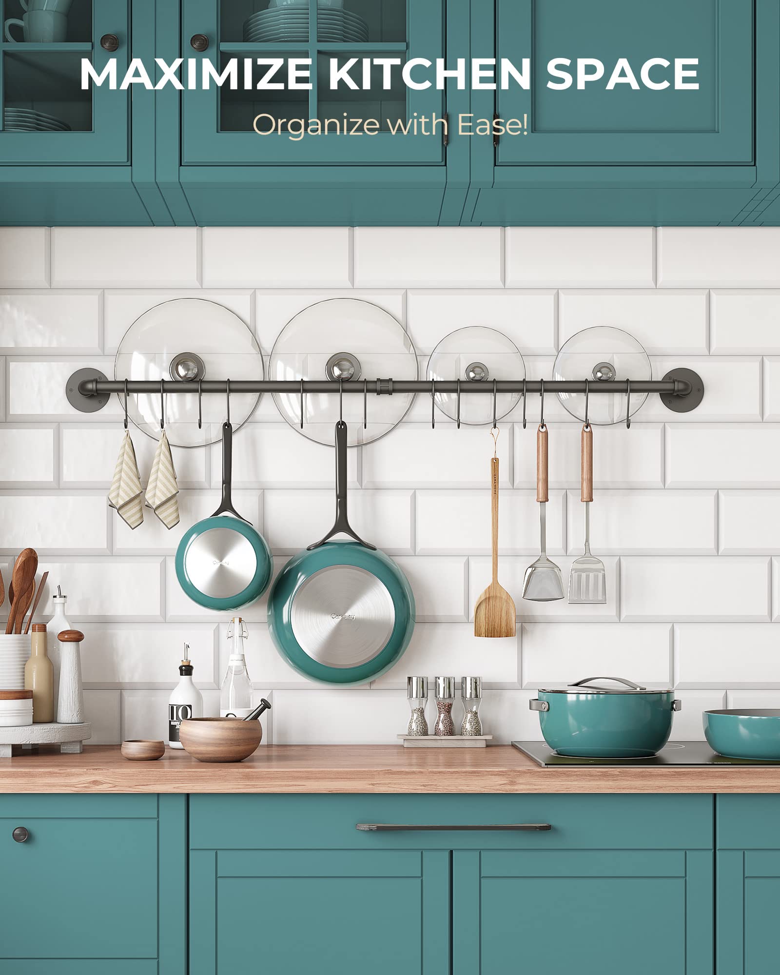 Oropy 38 Inch Pot Bar Rack Wall Mounted Detachable Pans Hanging Rail Kitchen Lids Utensils Hanger With 14 S Hooks Black