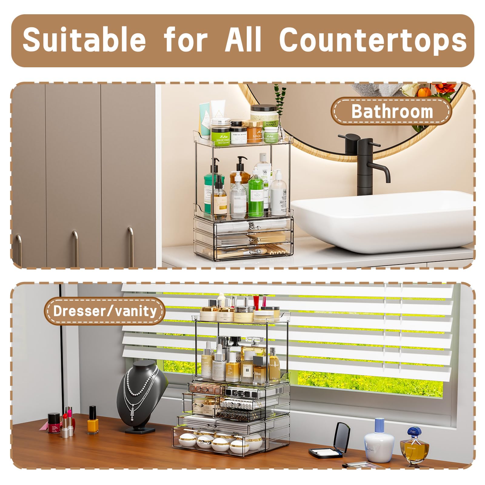 3 Pack Bathroom Organizers And Storage Countertop With 7 Drawers,Stackable Vanity Top Organizer,18.9'' Tall Large Capacity Skin