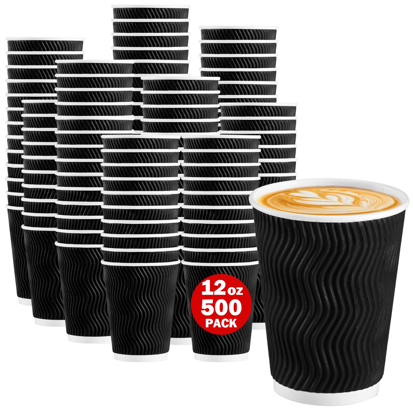 Lamosi Coffee Cups 12 oz 500 Pack, Black Disposable Cups, Corrugated Paper Cups 12 oz, Ripple Wall Insulated Water Cups for Hot 