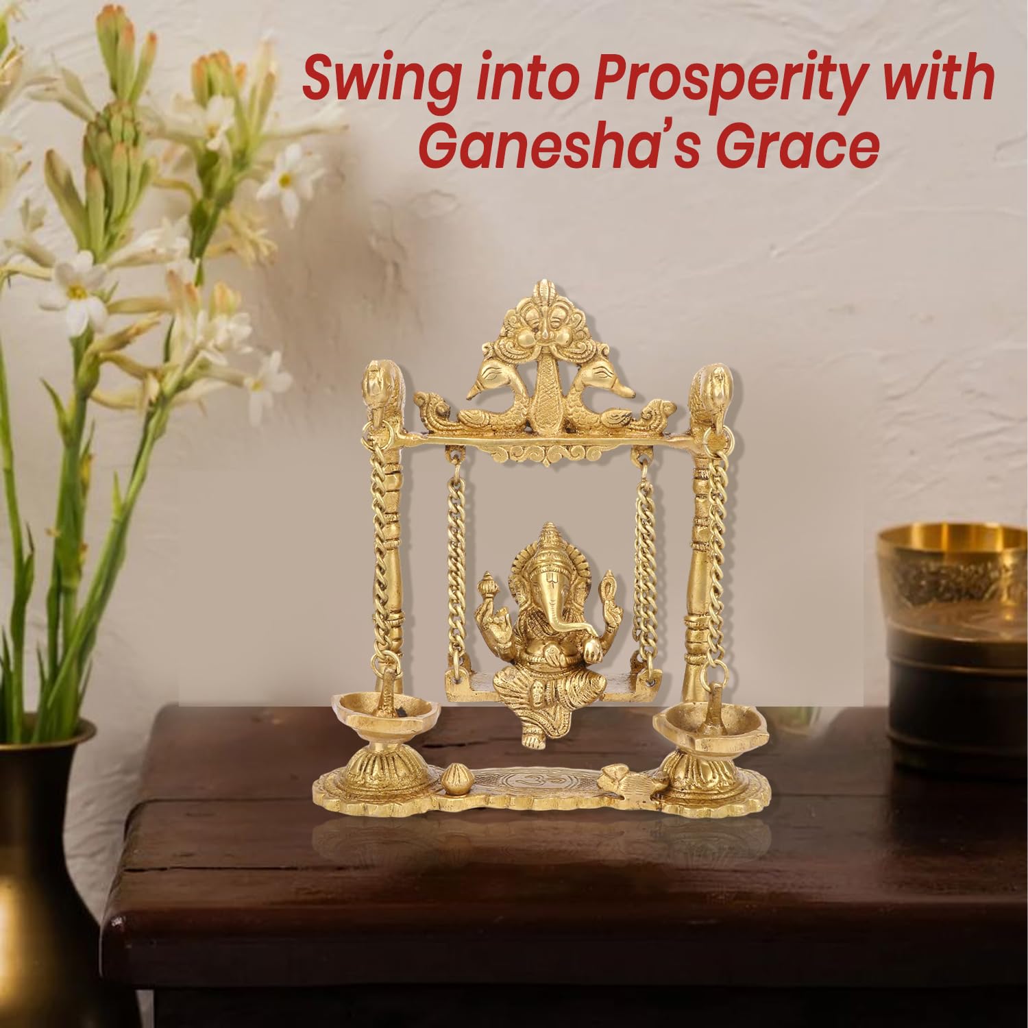 Kartique Brass Ganesh Jhula Idol | Ganesha On Swing Murti For Home, Mandir, Office Decor | Ganpati Bappa Statue For Housewarming