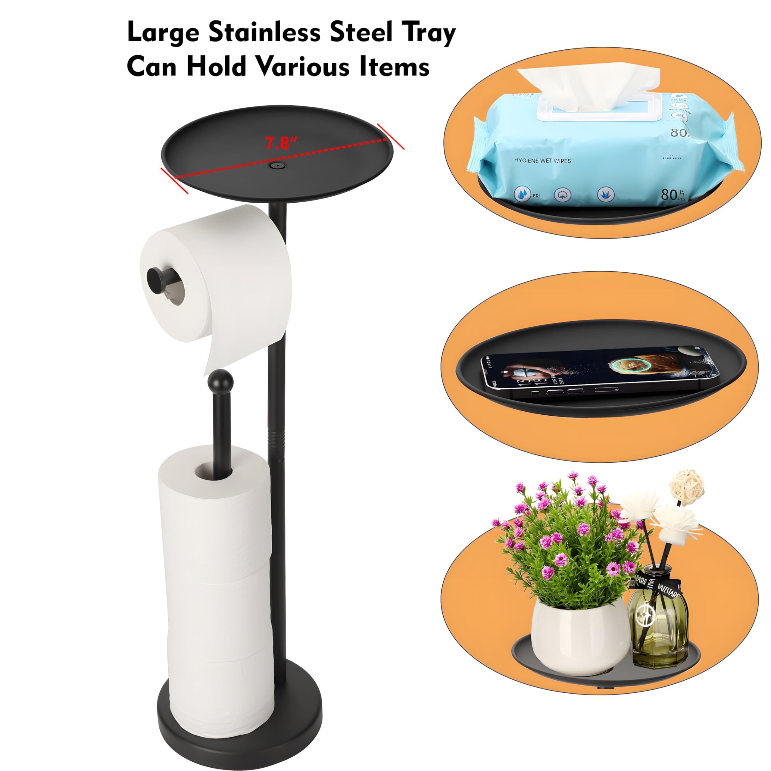 Noonext Black Toilet Paper Holder With Shelf, Freestanding Toilet Paper Holder Stand With Tray At The Top, Heavy Base No Tipping
