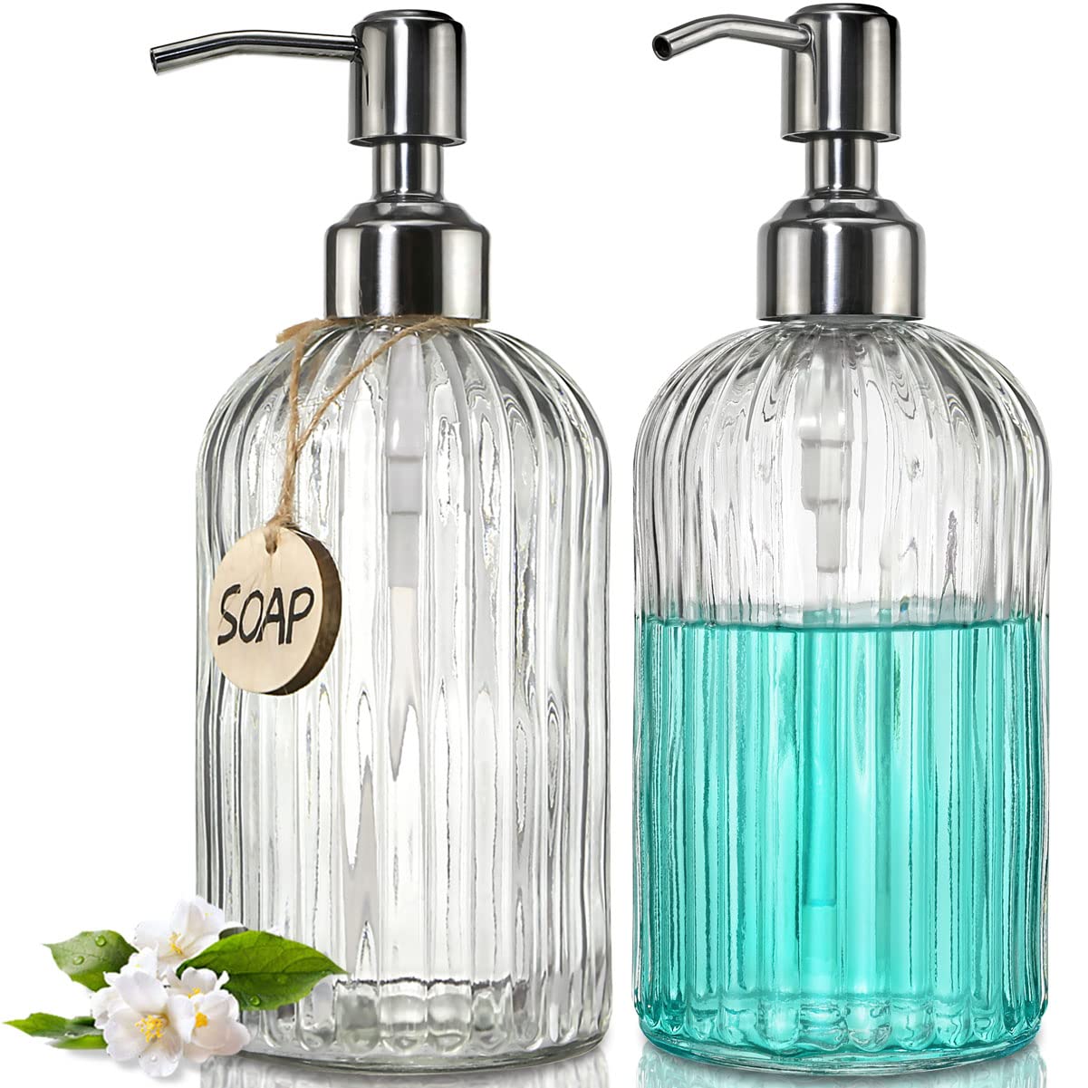Jasai 2Pack 18 Oz Glass Soap Dispenser With Rust Proof Stainless Steel Pump, Refillable Hand Soap Dispenser With Vertical Stripe